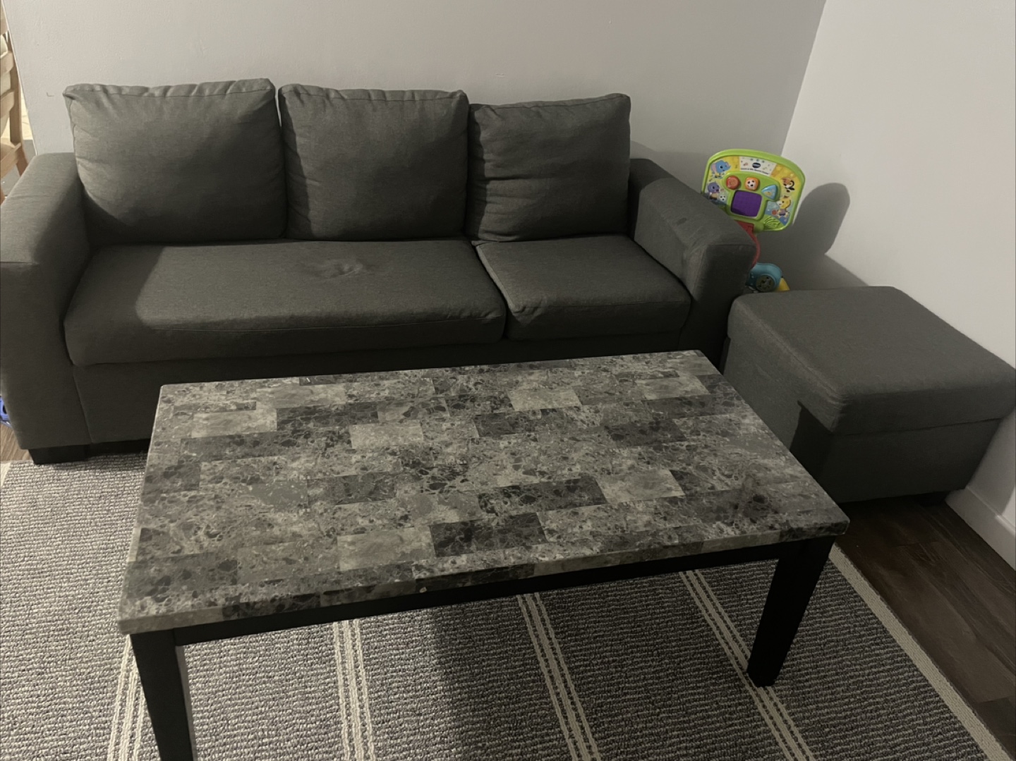 Grey Sofa with Ottoman and Coffee Table (moving out sale)