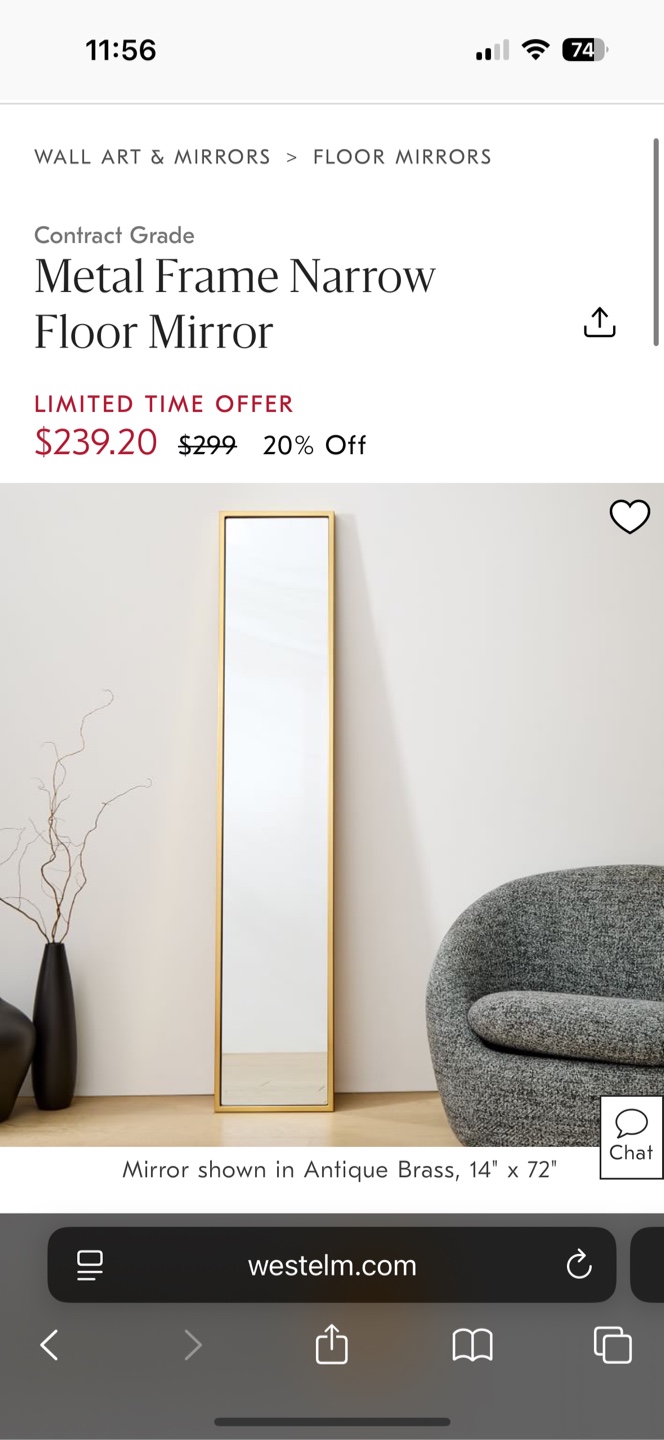 West Elm Metal Frame Narrow Floor Mirror - Antique Brass,