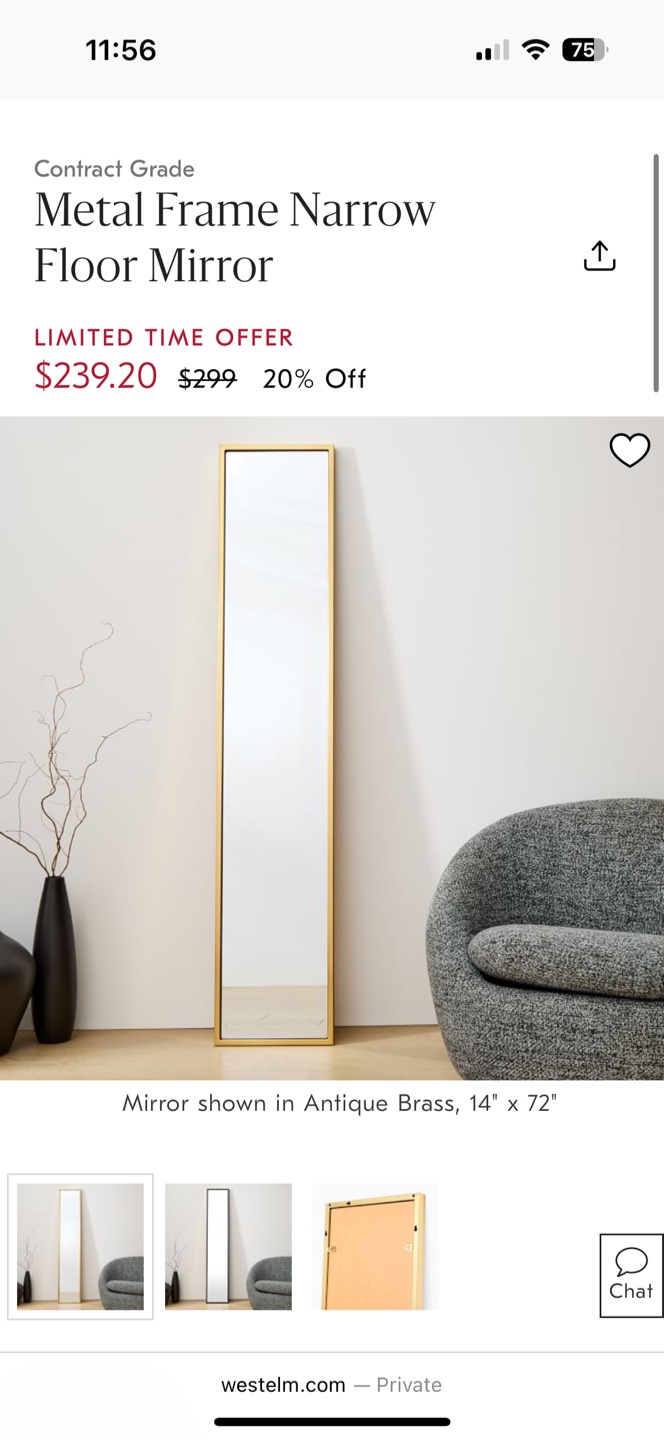 West Elm Metal Frame Narrow Floor Mirror - Antique Brass, - photo 2