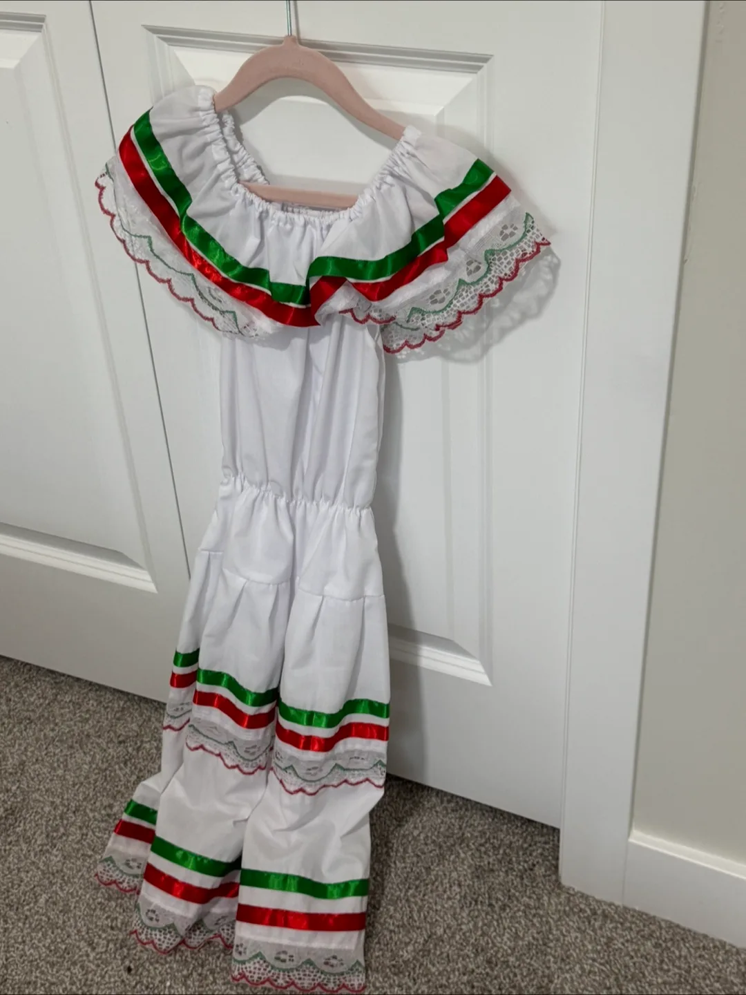 Girl's Mexican Dress - White with Red & Green Trim thumbnail