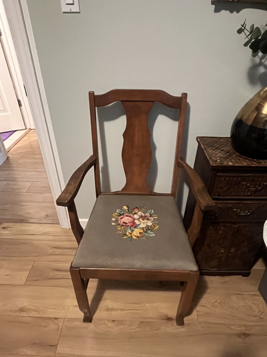 Antique Wooden Armchair with Floral Needlepoint Seat