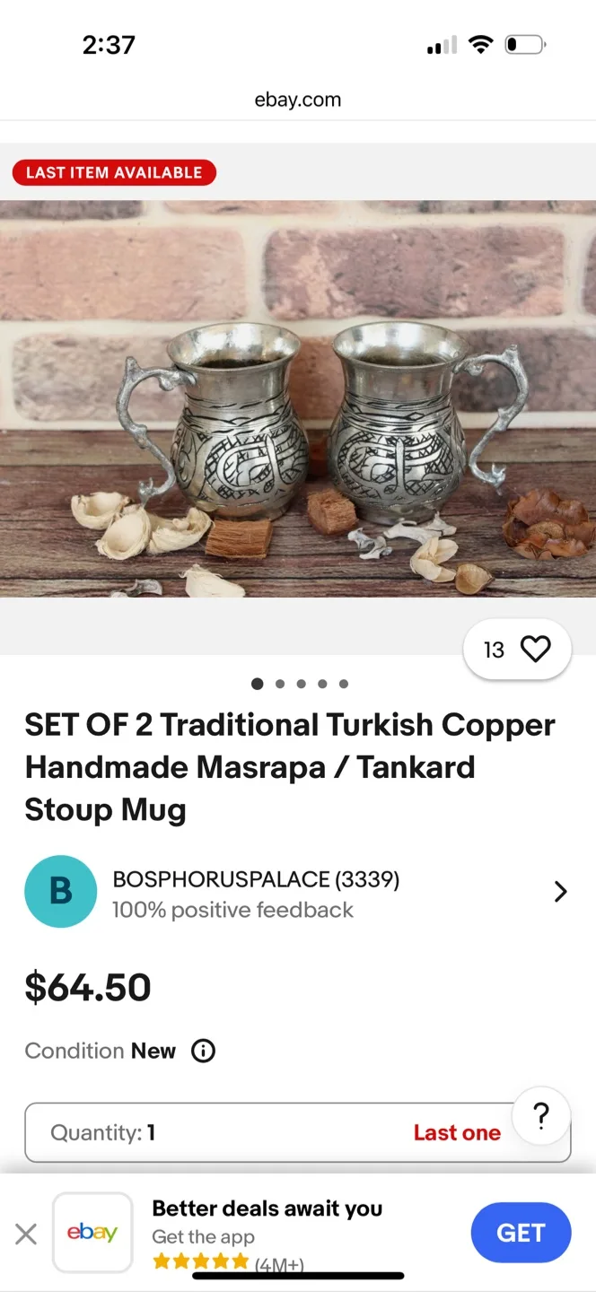 Set of 6 Turkish Copper Handmade Masrapa Tankard Stoup Mugs image indicator(3)