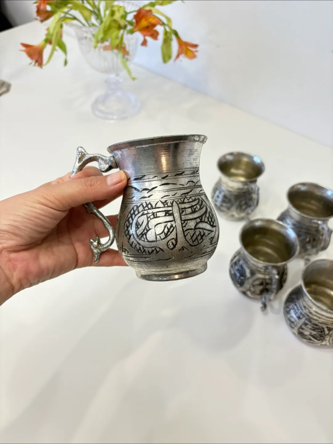 Set of 6 Turkish Copper Handmade Masrapa Tankard Stoup Mugs image indicator(5)