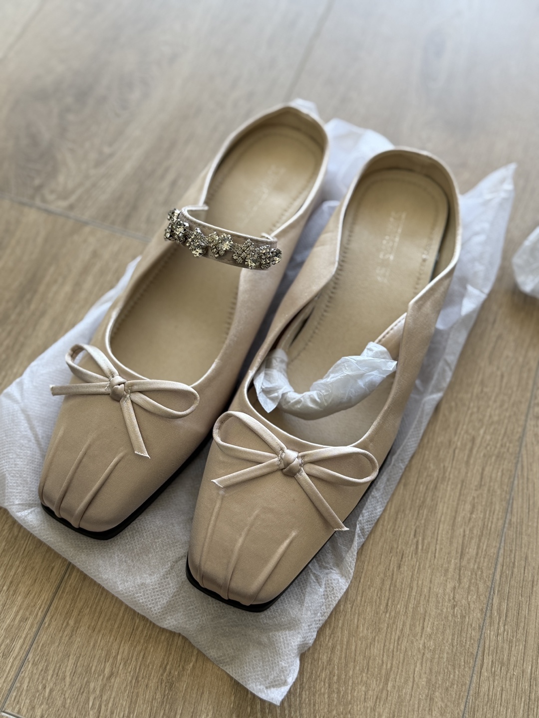 Beige Satin Ballet Flats with Bows