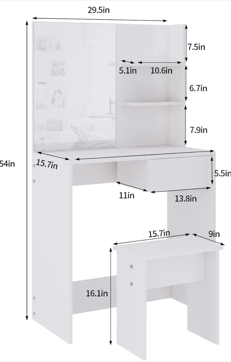 White Vanity Makeup Table with Mirror & Stool