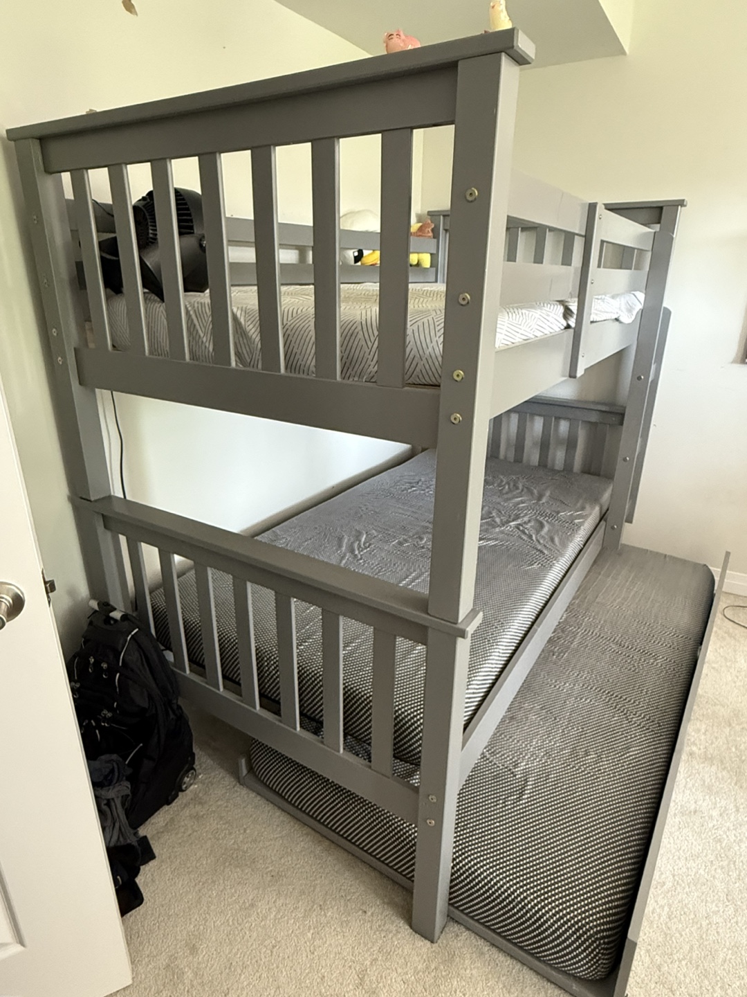 Grey Wooden Twin Bunk Bed with Trundle