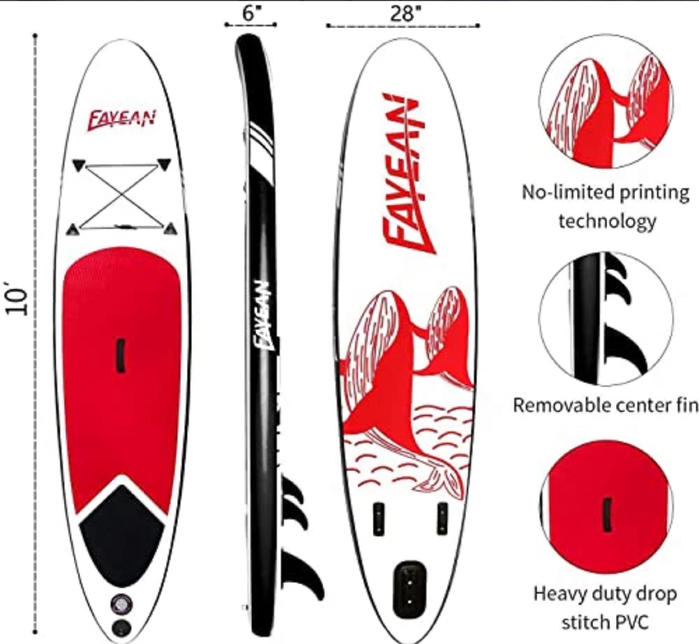 FAYEAN Inflatable Stand Up Paddle Board - Red/White - photo 2