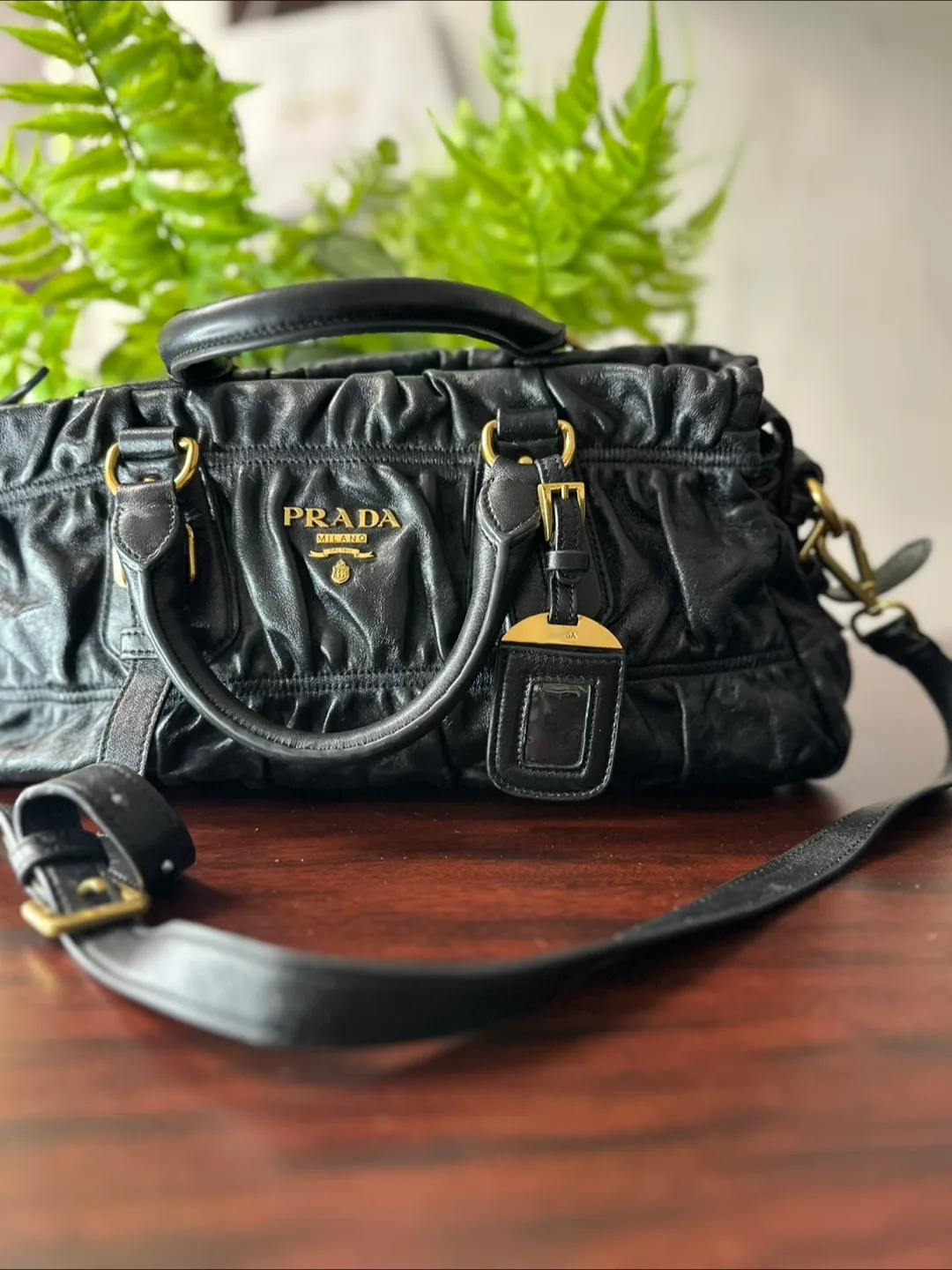 Prada Black Leather Ruched Shoulder Bag thumbnail