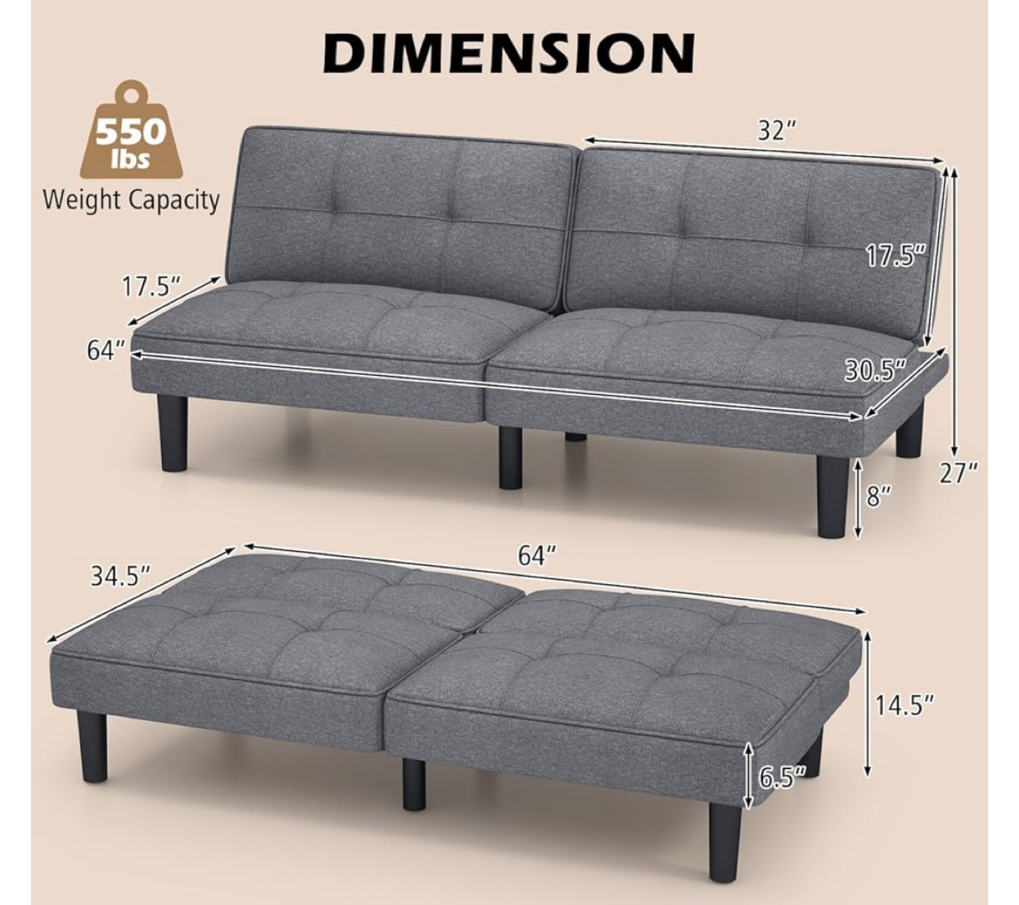 Grey Futon Sofa Bed - Converts to Bed - photo 3