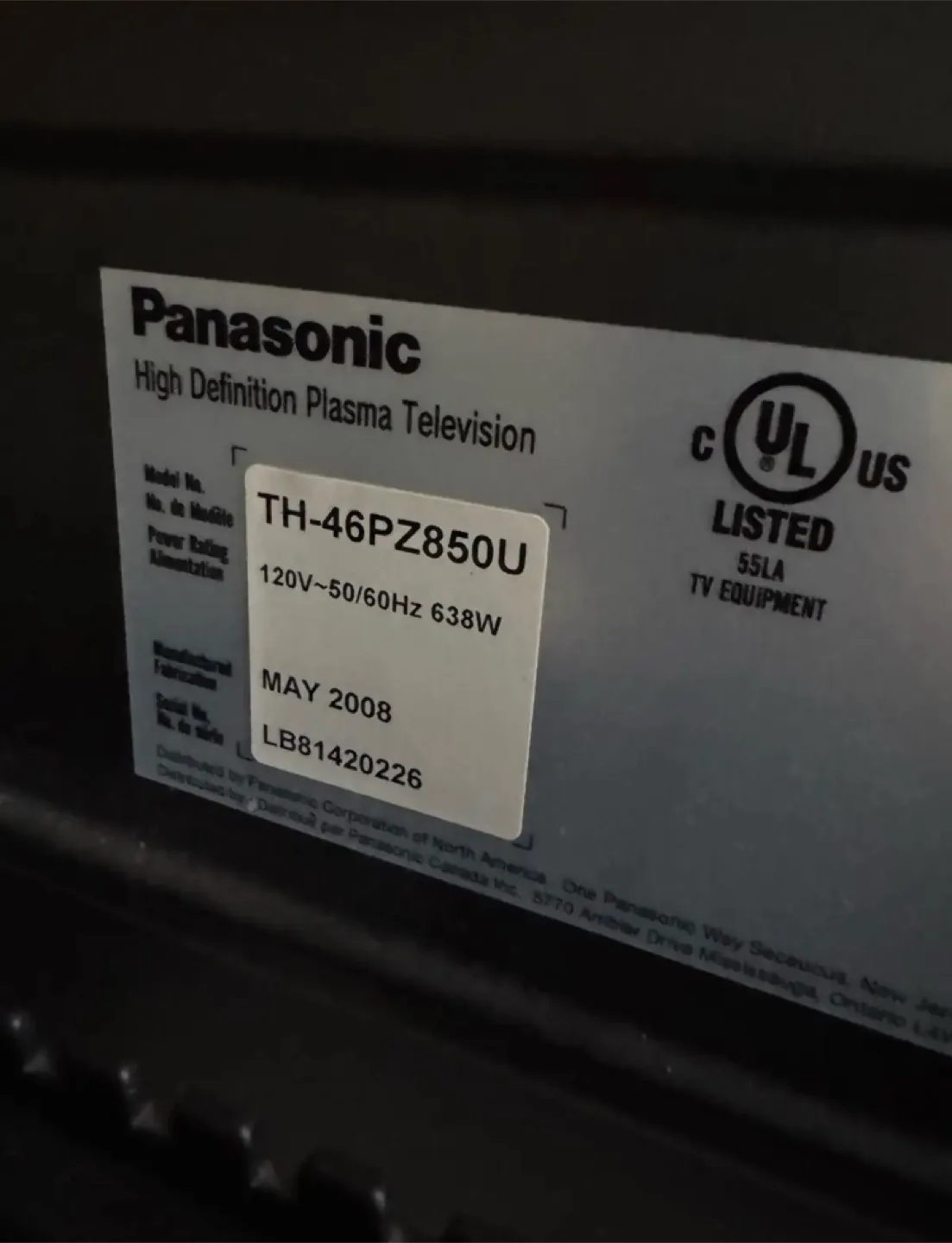Panasonic TH-46PZ850U 46" Plasma TV image indicator(3)