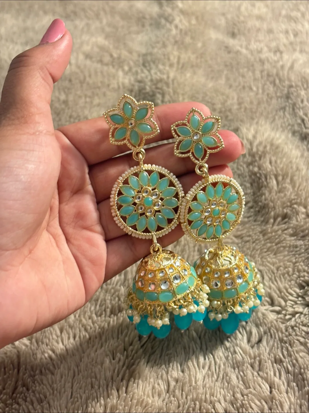 Teal & Gold Jhumka Earrings thumbnail