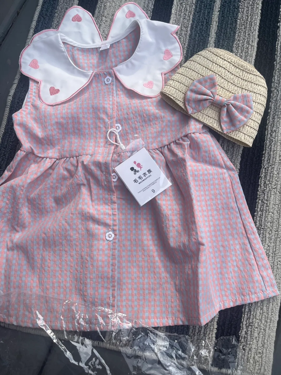 Girls' Pink Gingham Dress with Hat - Size 9 (18-24M) thumbnail