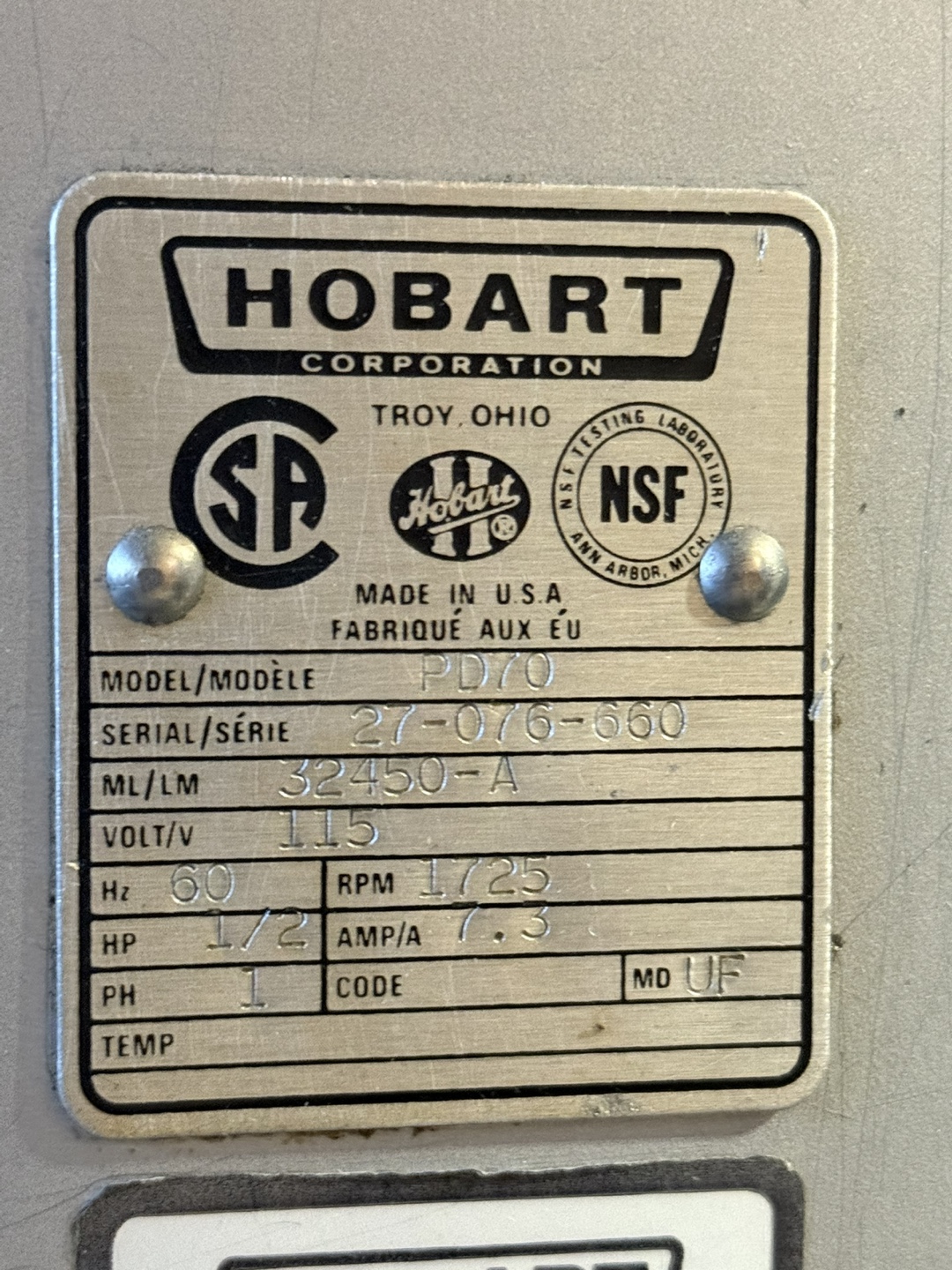 Hobart PD70 Meat Grinder