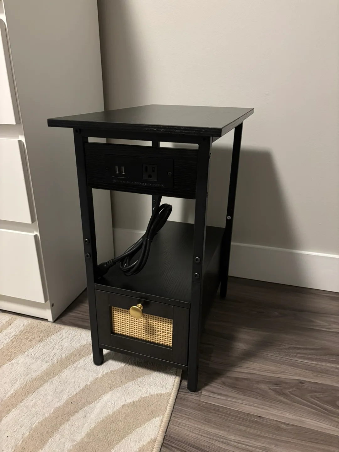Black Nightstand with USB Ports & Drawer image indicator(2)