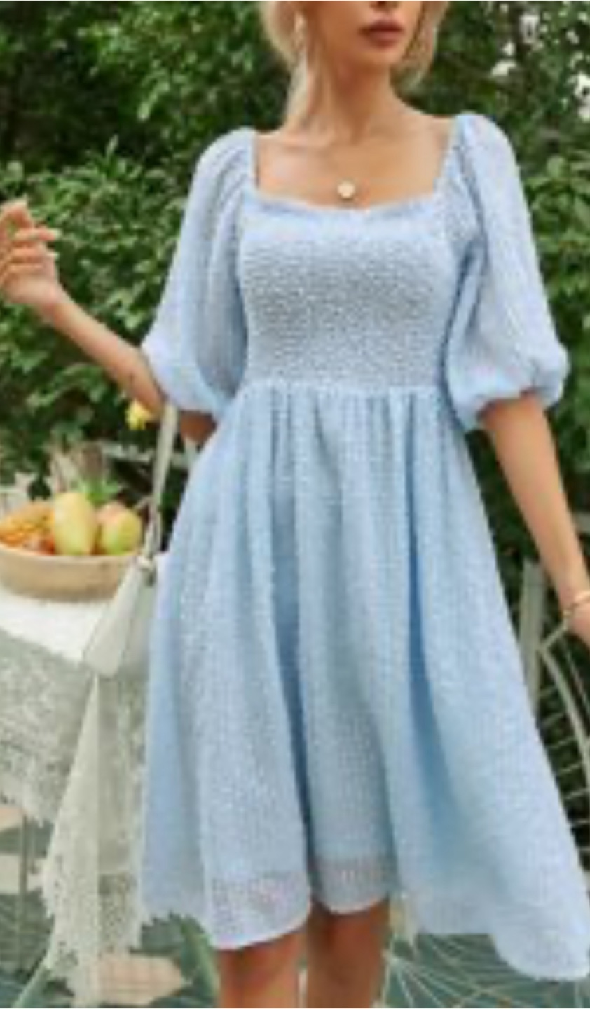 Blue Smocked Puff Sleeve Dress