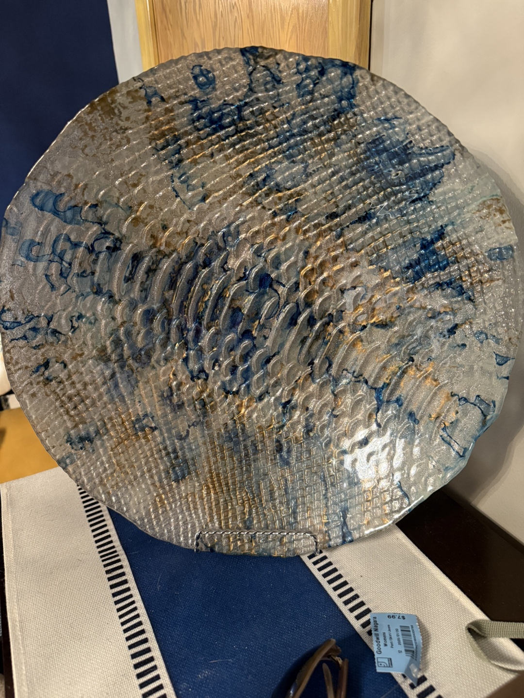 Decorative Glass Plate - Blue & Gold Accent