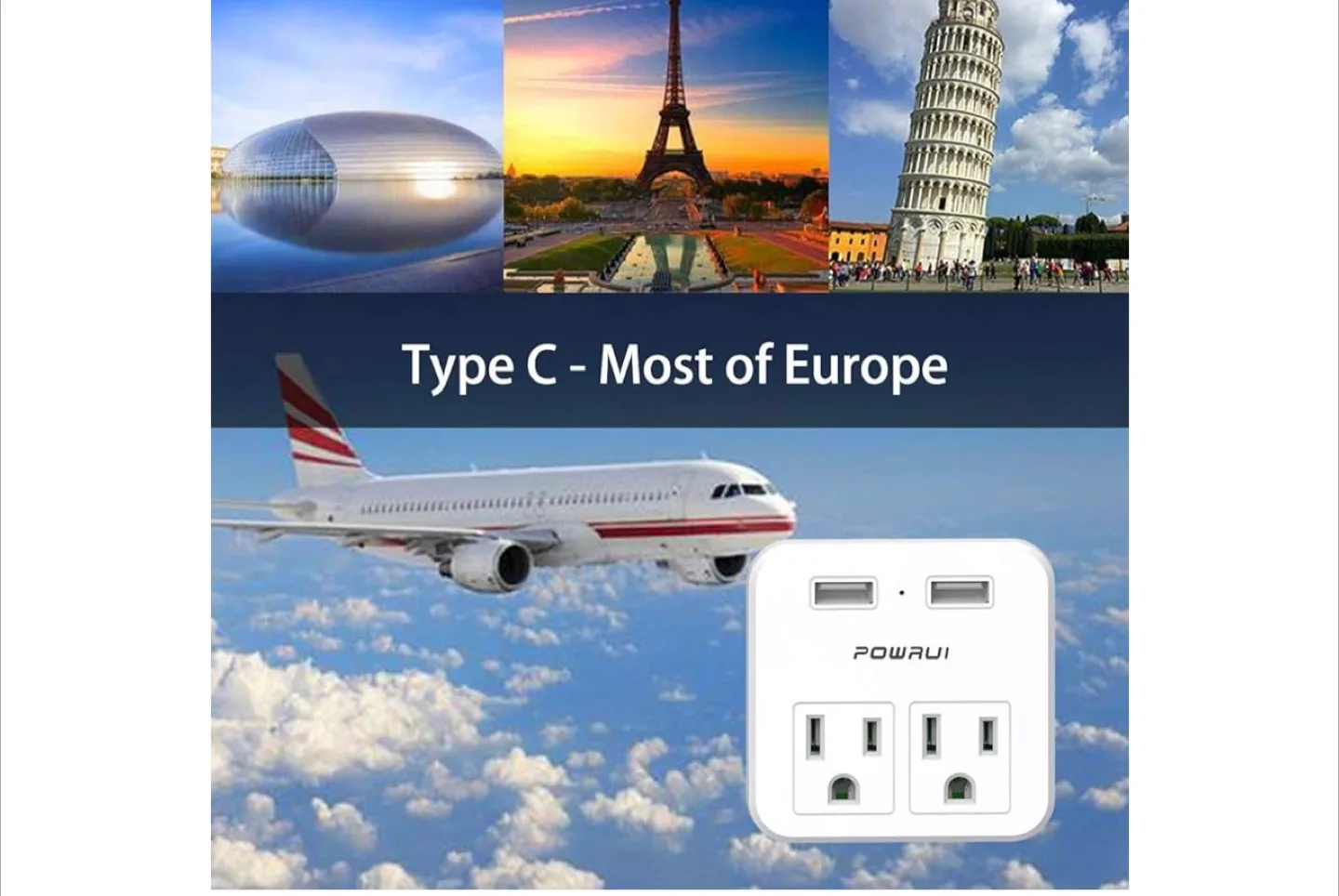 POWRAUI Travel Adapter - Type C, Dual USB Charger thumbnail