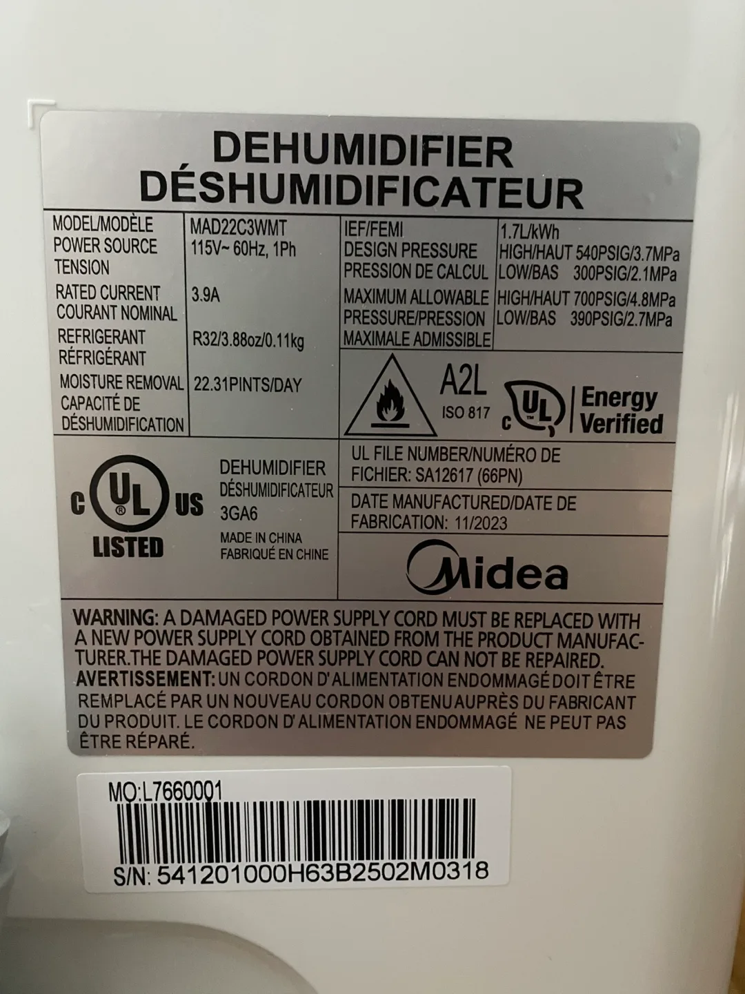 Midea Dehumidifier MAD22C3WMT image indicator(5)