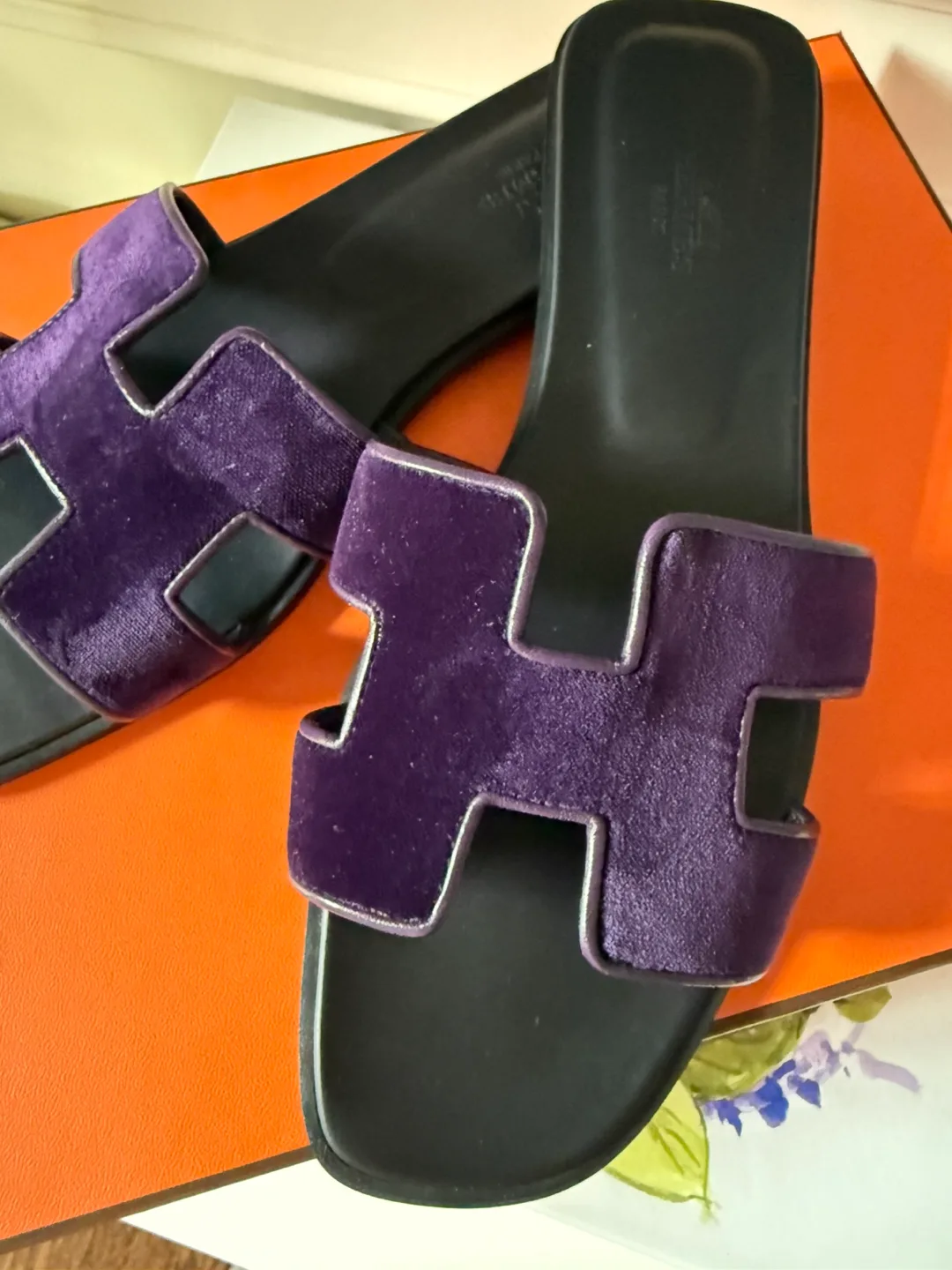 Authentic Hermès Purple Velvet H Slides - Size 39 thumbnail