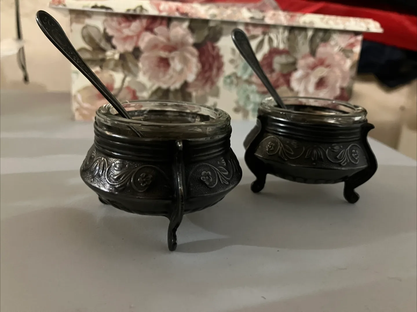 Antique Silver Salt Cellars with Spoons thumbnail