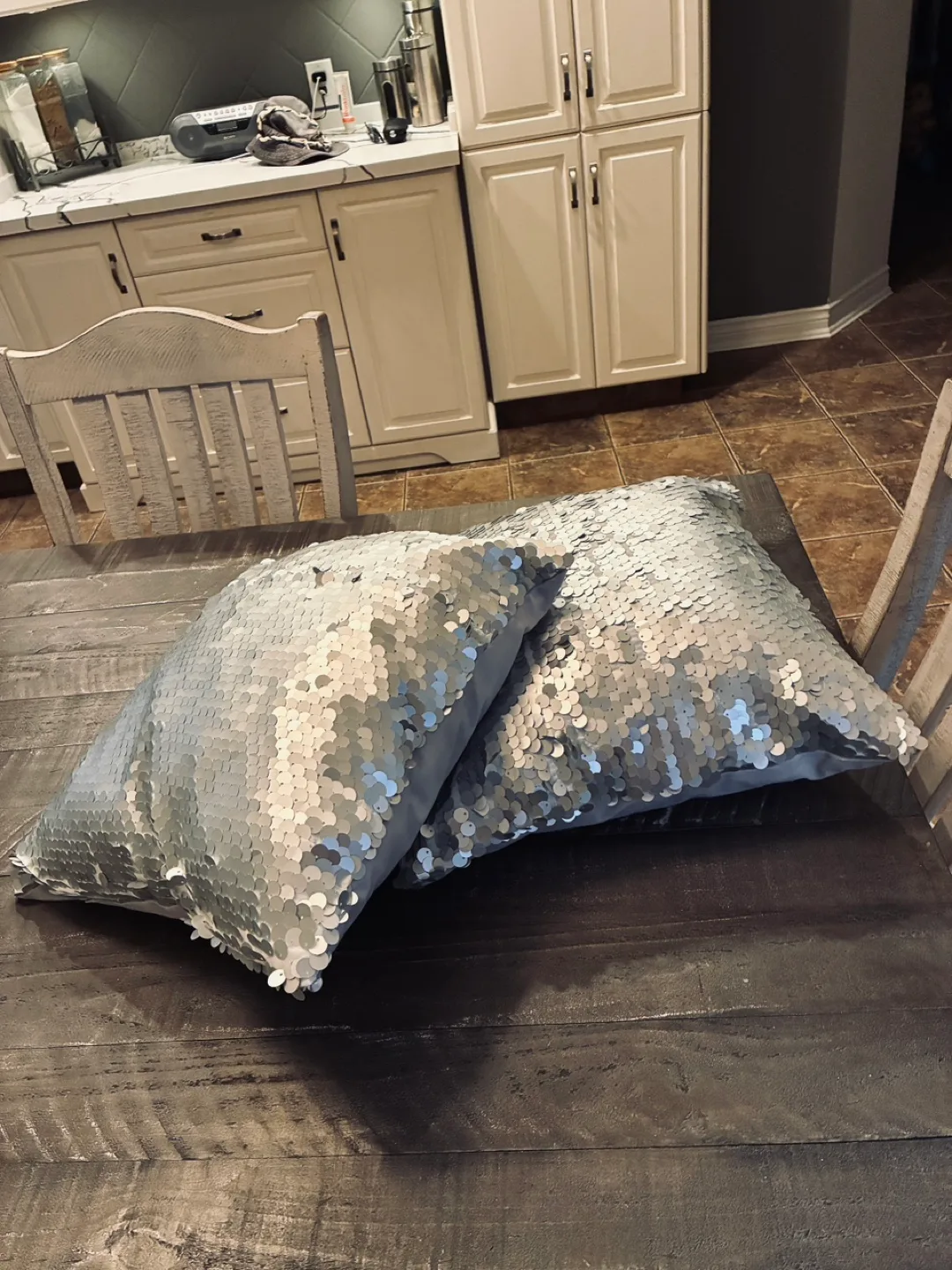 Two 16”x16” silver sequin decorative pillows thumbnail
