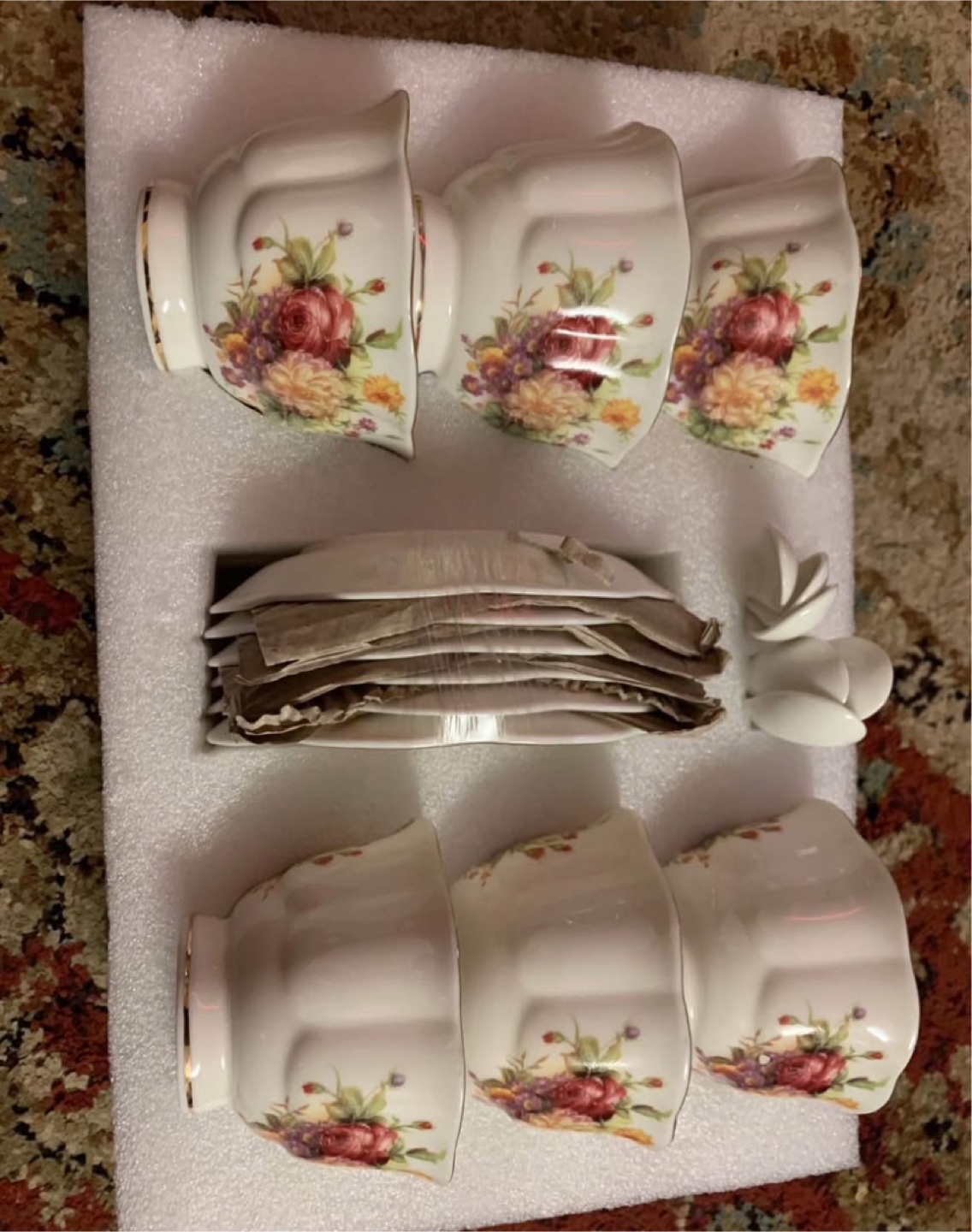 Floral Tea Set - 6 Cups, Saucers, Spoons
