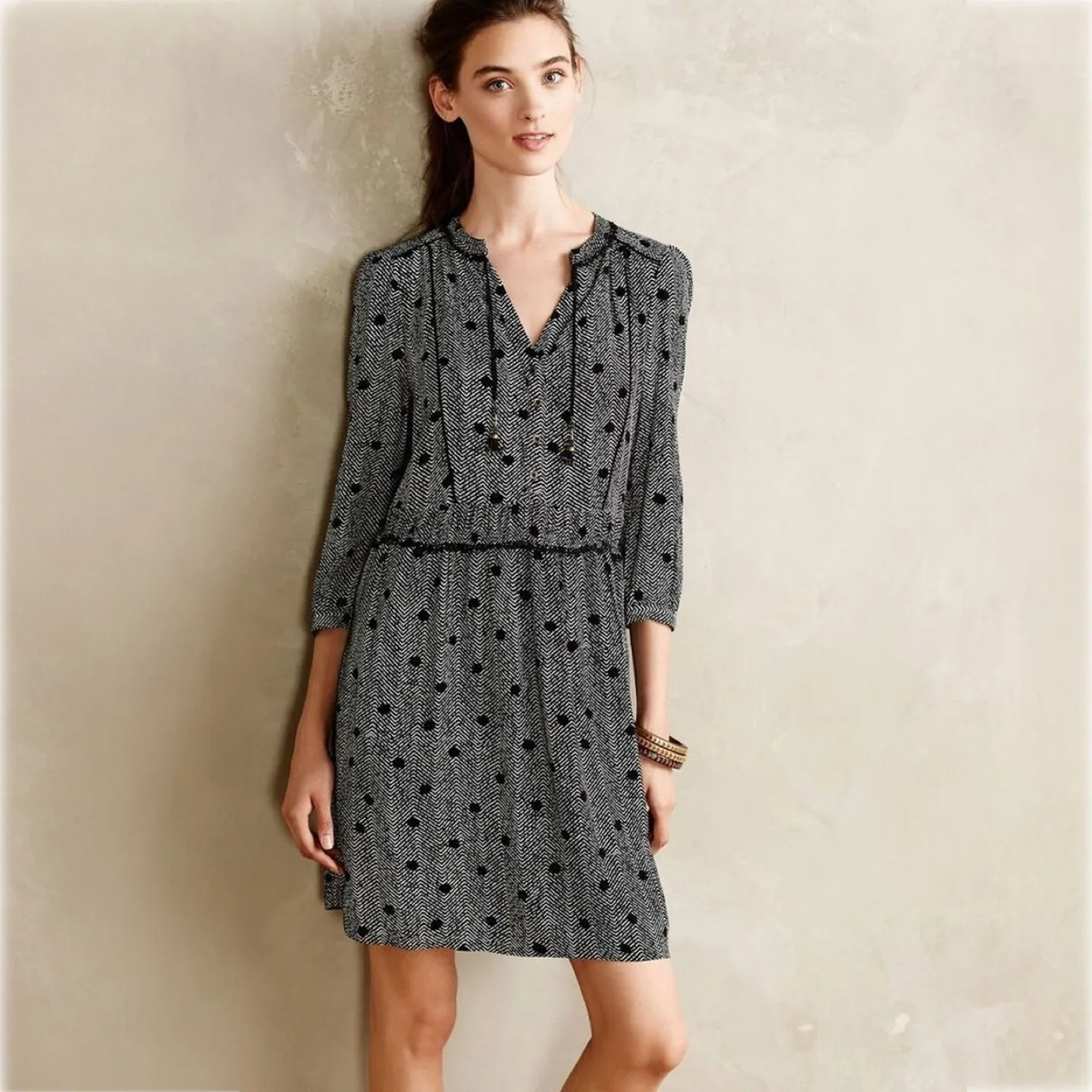 Anthro Maeve Galen Tassel Tie Chevron Dot Shift Dress thumbnail