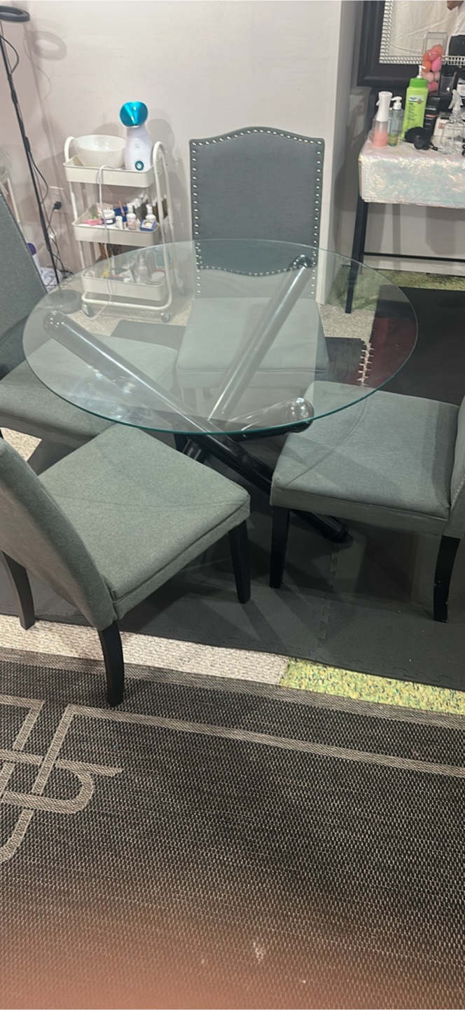 Glass Dining Table with 4 Grey Chairs