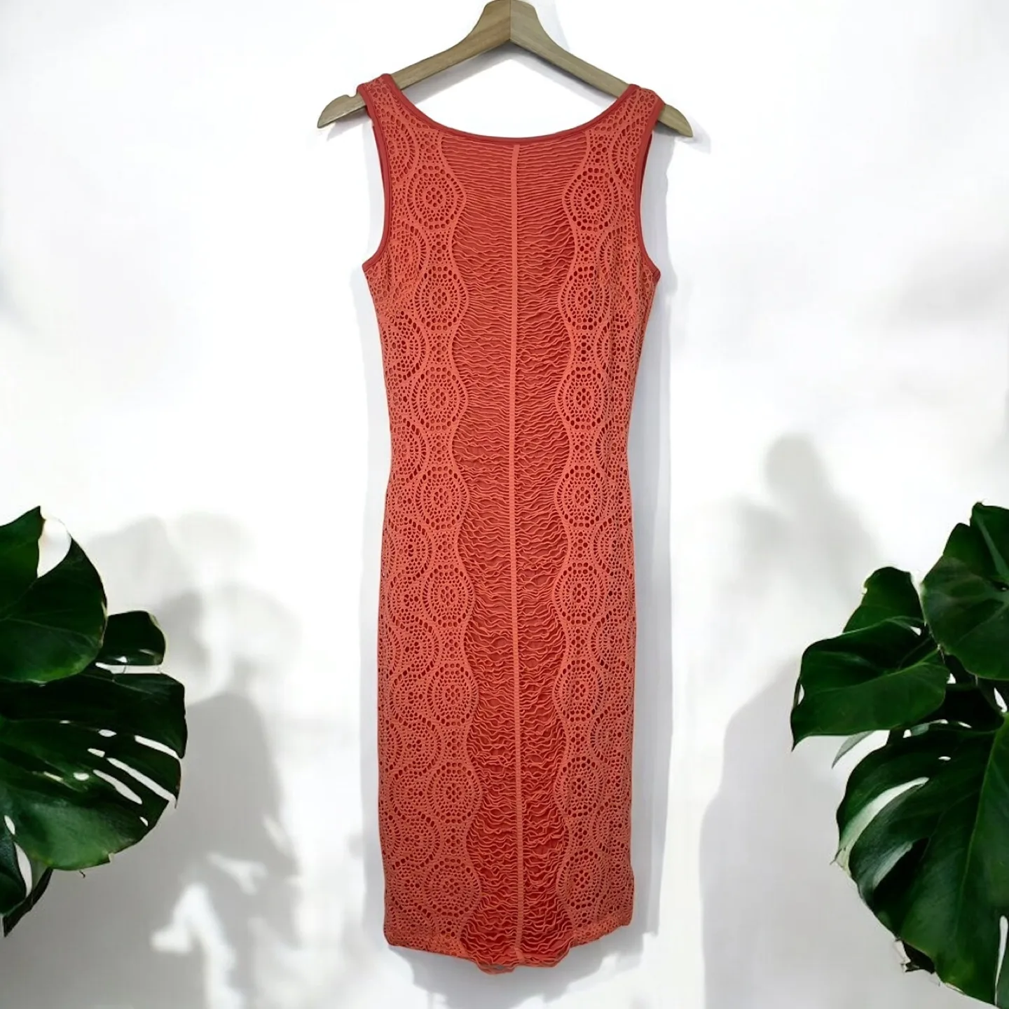 Bebe Vintage Crochet Bodycon Dress in Coral thumbnail