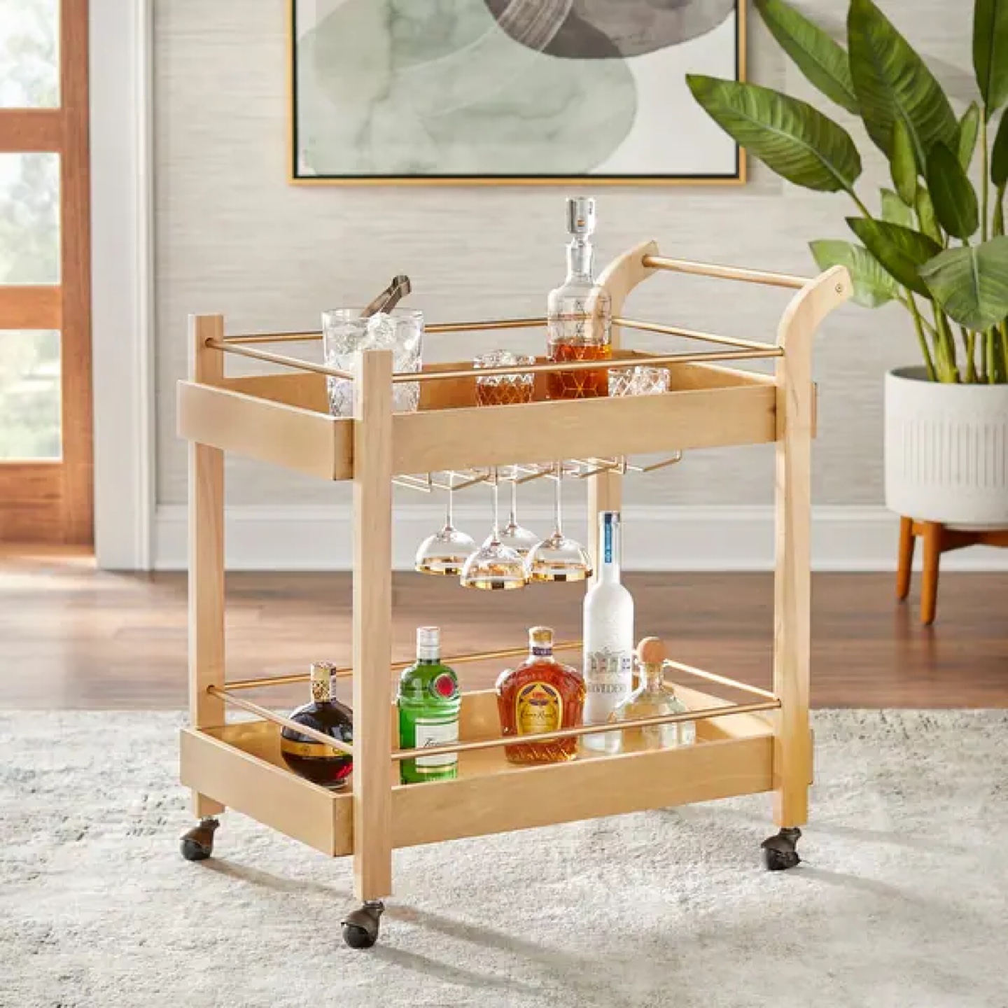 Rolling Bar Cart, Wood & Gold Accents