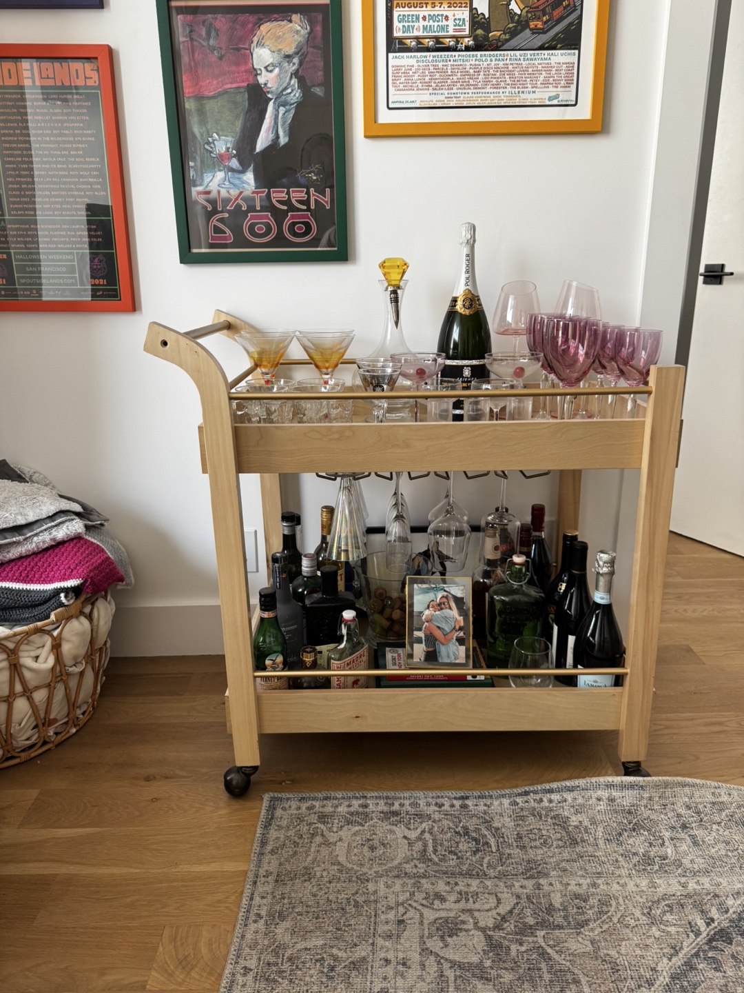 Rolling Bar Cart, Wood & Gold Accents - photo 3