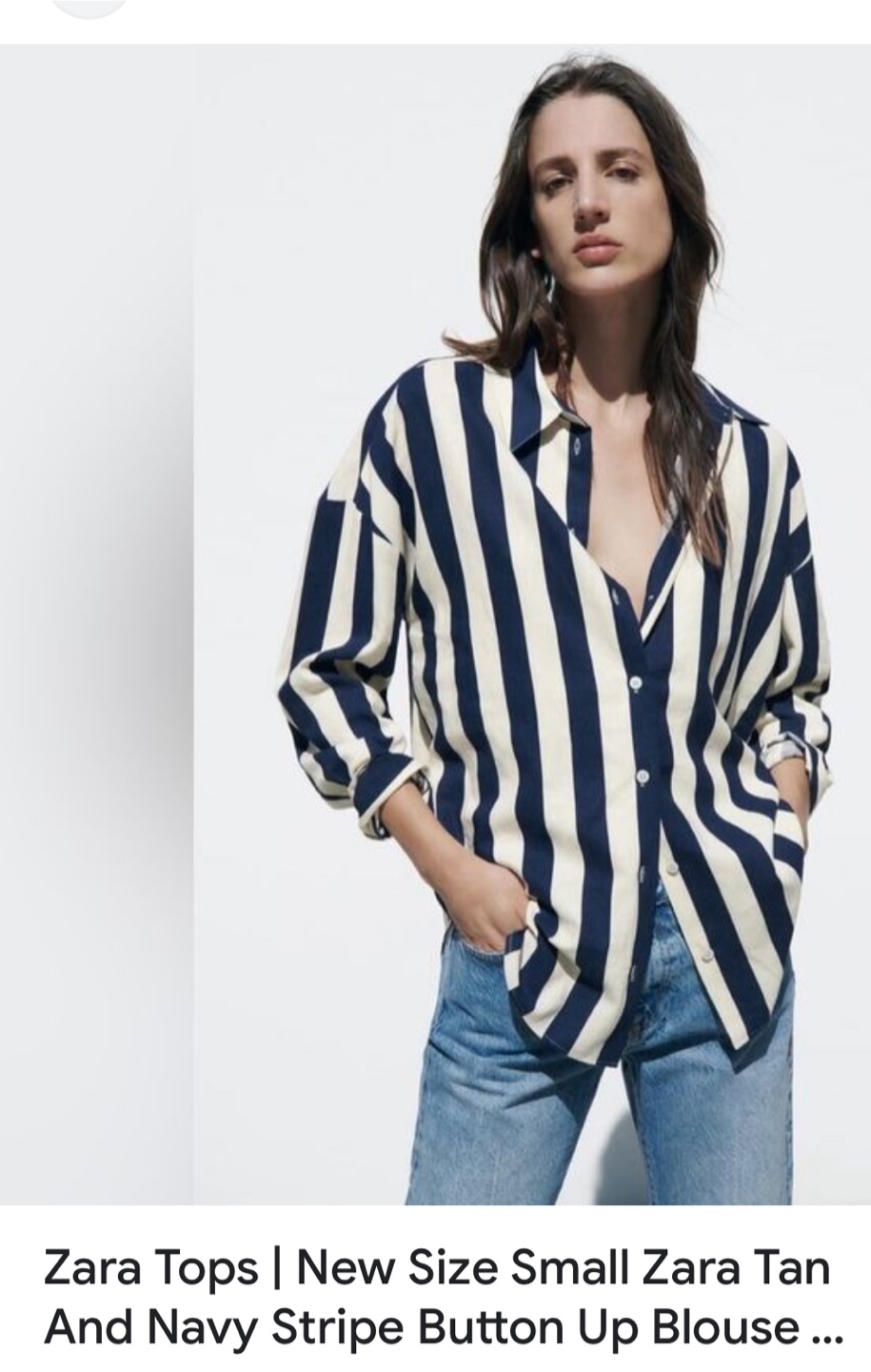 Zara Tan & Navy Stripe Button Up Blouse - Size Small