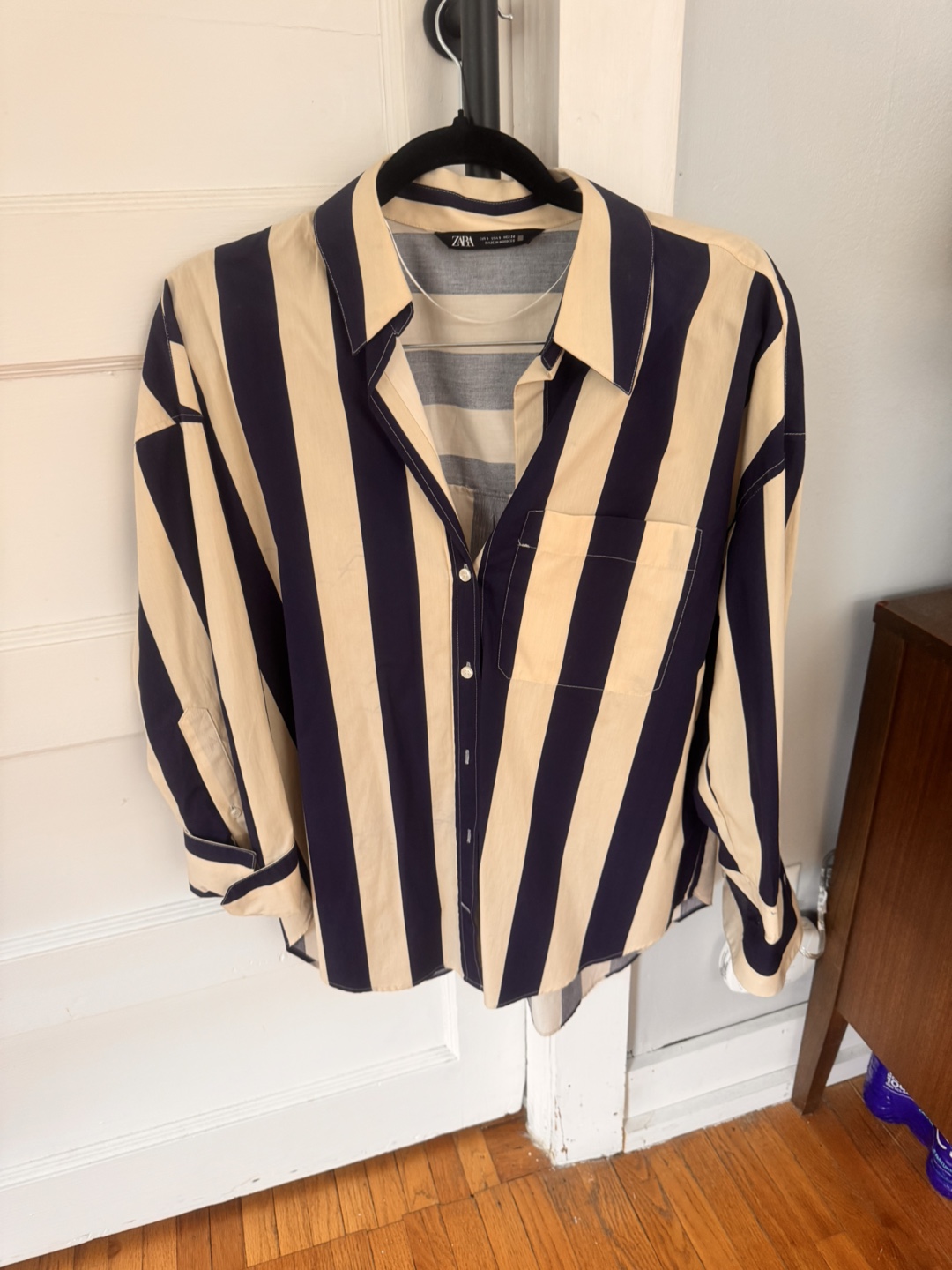 Zara Tan & Navy Stripe Button Up Blouse - Size Small - photo 2