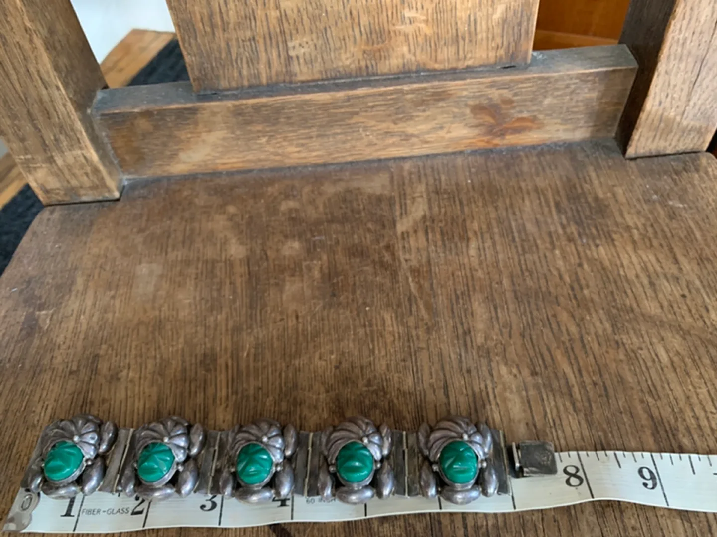 Vintage 1950s solid sterling and green Onyx Mexican bracelet image indicator(5)