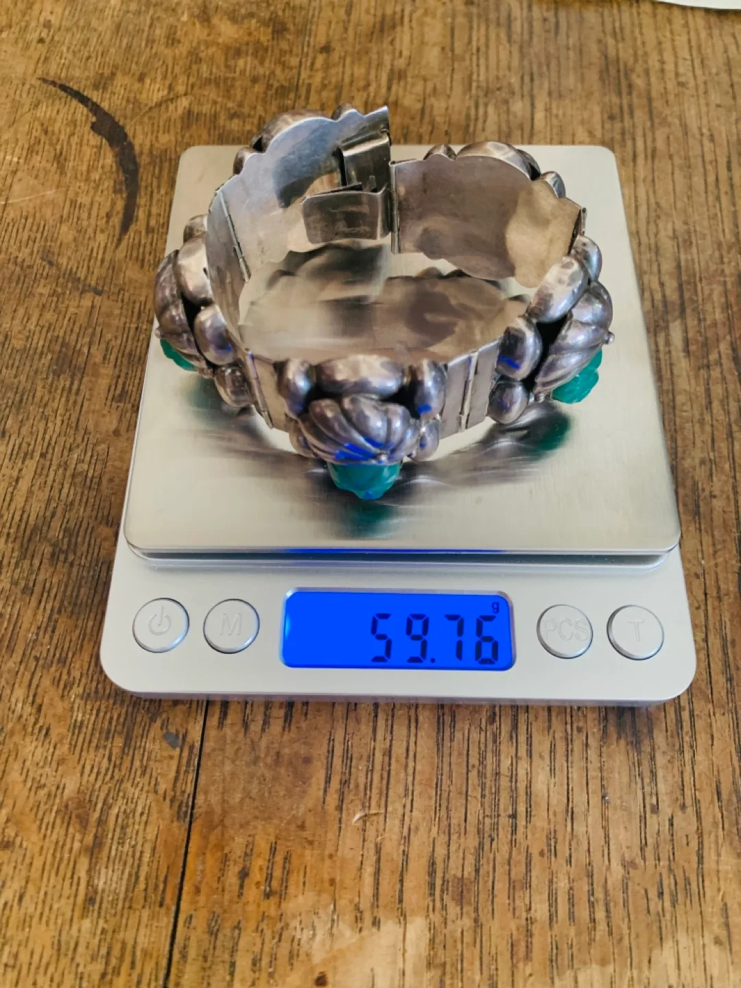 Vintage 1950s solid sterling and green Onyx Mexican bracelet image indicator(2)