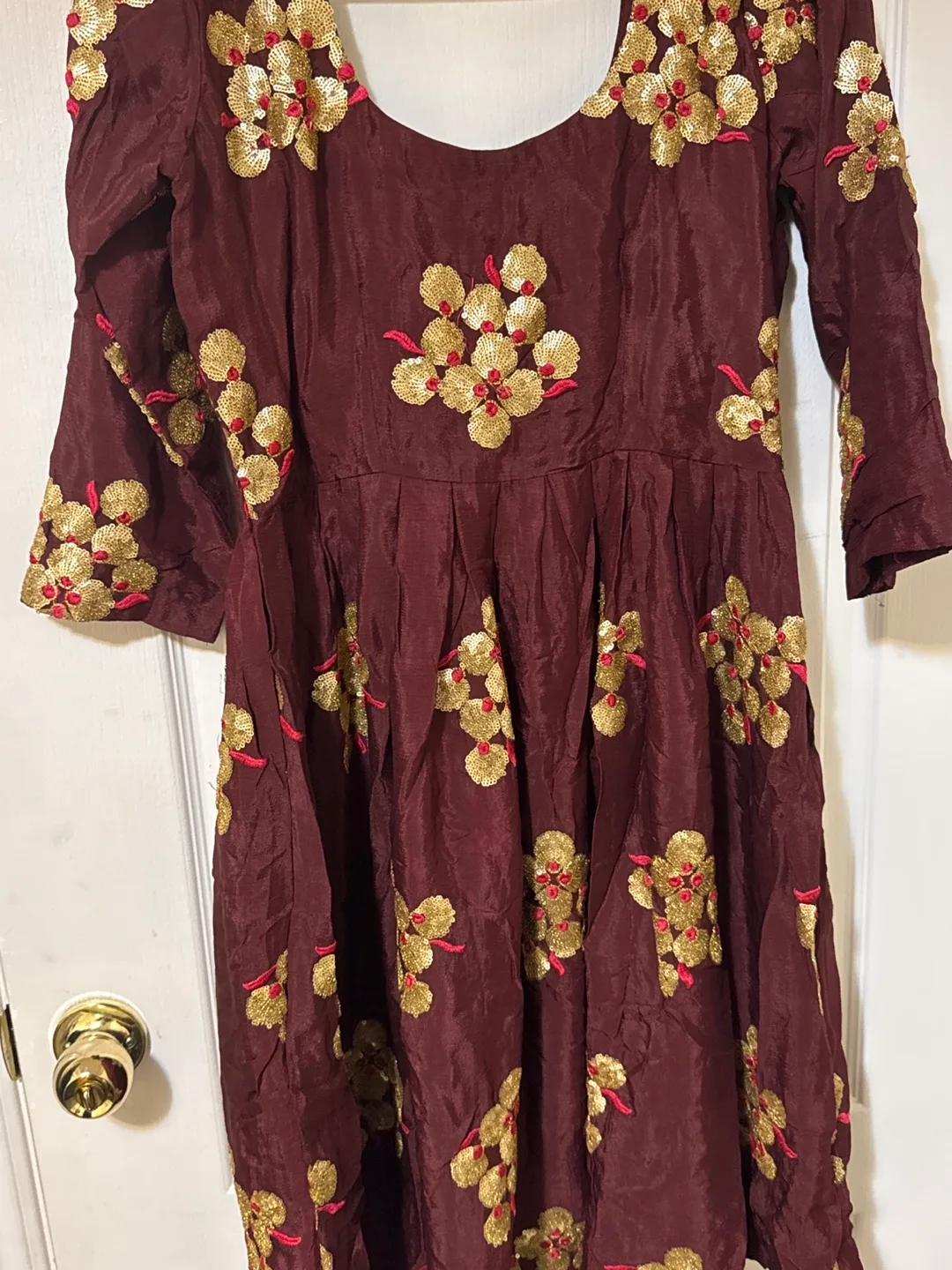 Burgundy Dress with Gold Floral Embroidery thumbnail