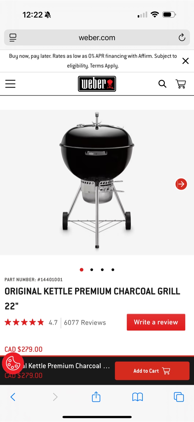 Weber Original Kettle Premium Charcoal Grill 22" NEW
