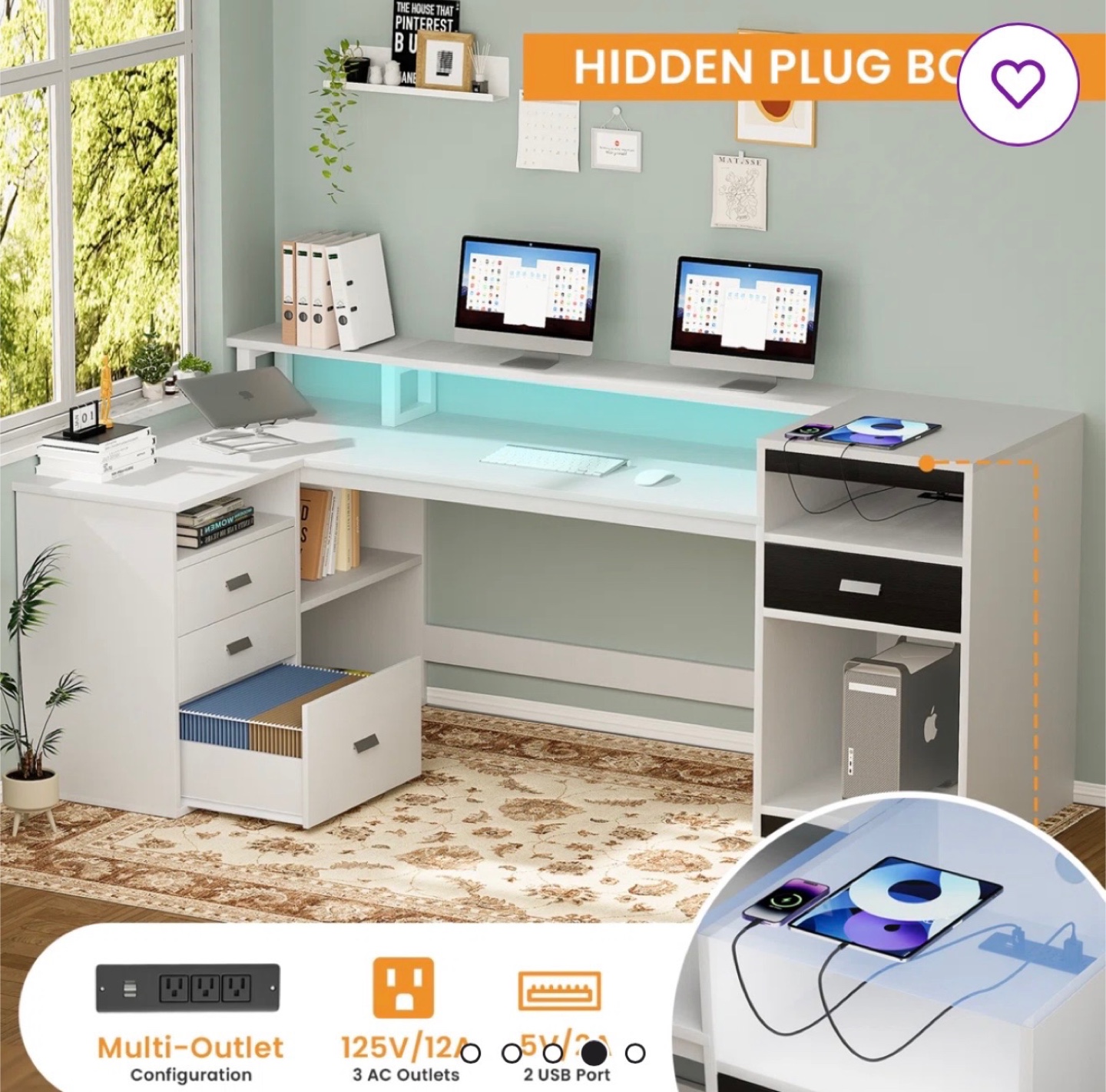 White L-Shaped Desk with Drawers & Shelves