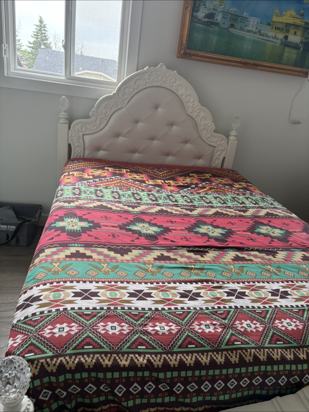 Ornate White Bed Frame with Colorful Bedding - photo 2