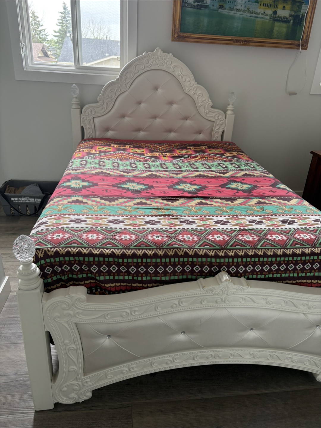 Ornate White Bed Frame with Colorful Bedding - photo 3