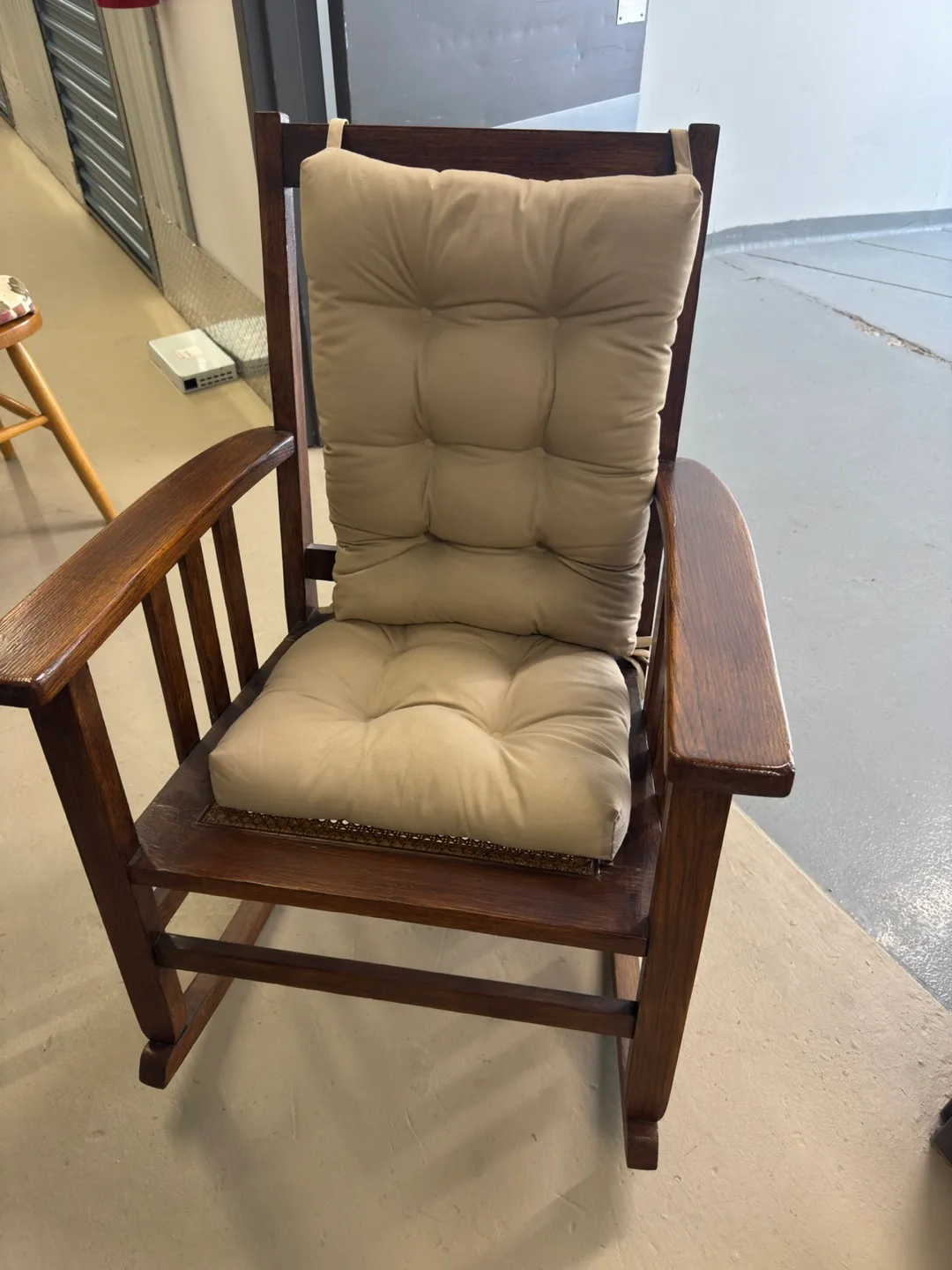 Wooden Rocking Chair with Beige Cushion thumbnail