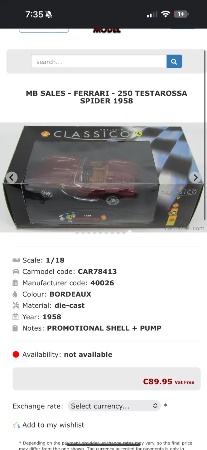 Ferrari 250 Testarossa Spider 1958 Die-Cast Model Car image indicator(2)