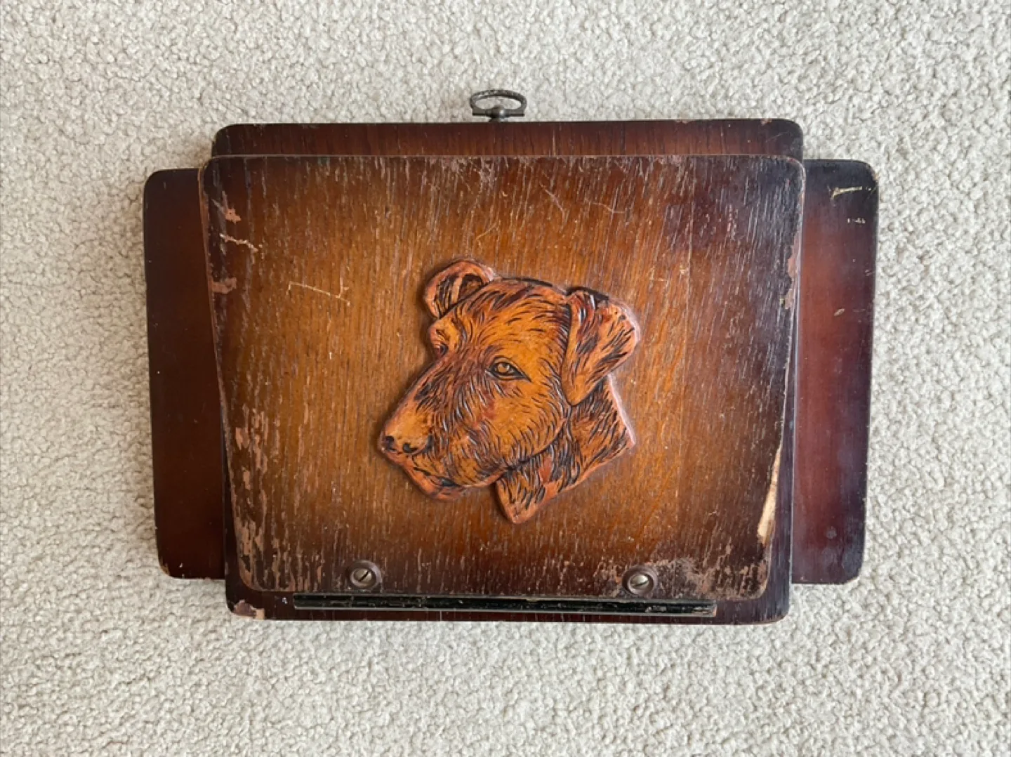 Antique 1930’s wall mounted letter rack featuring carved dog thumbnail