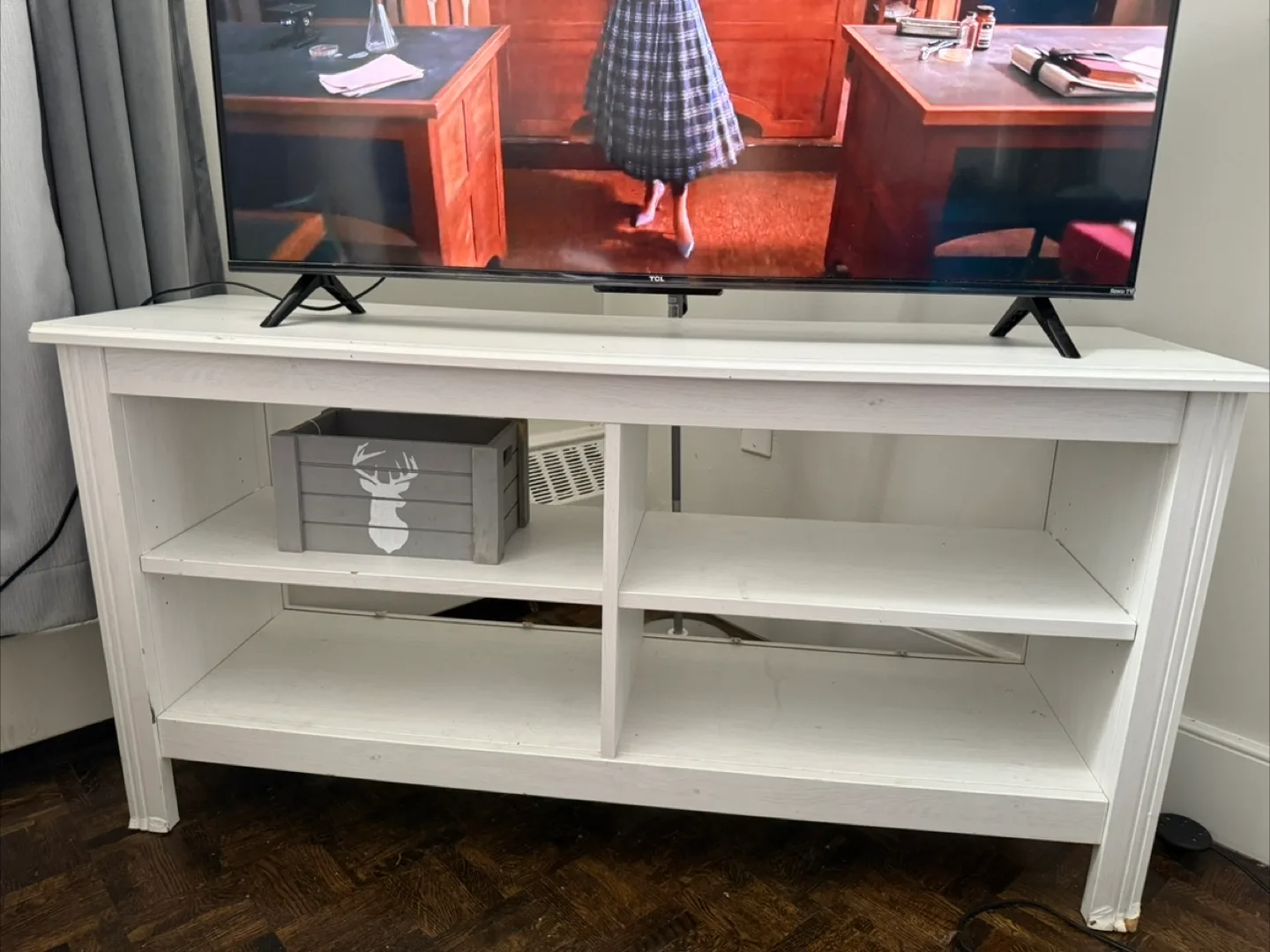 White TV Stand with Shelves thumbnail