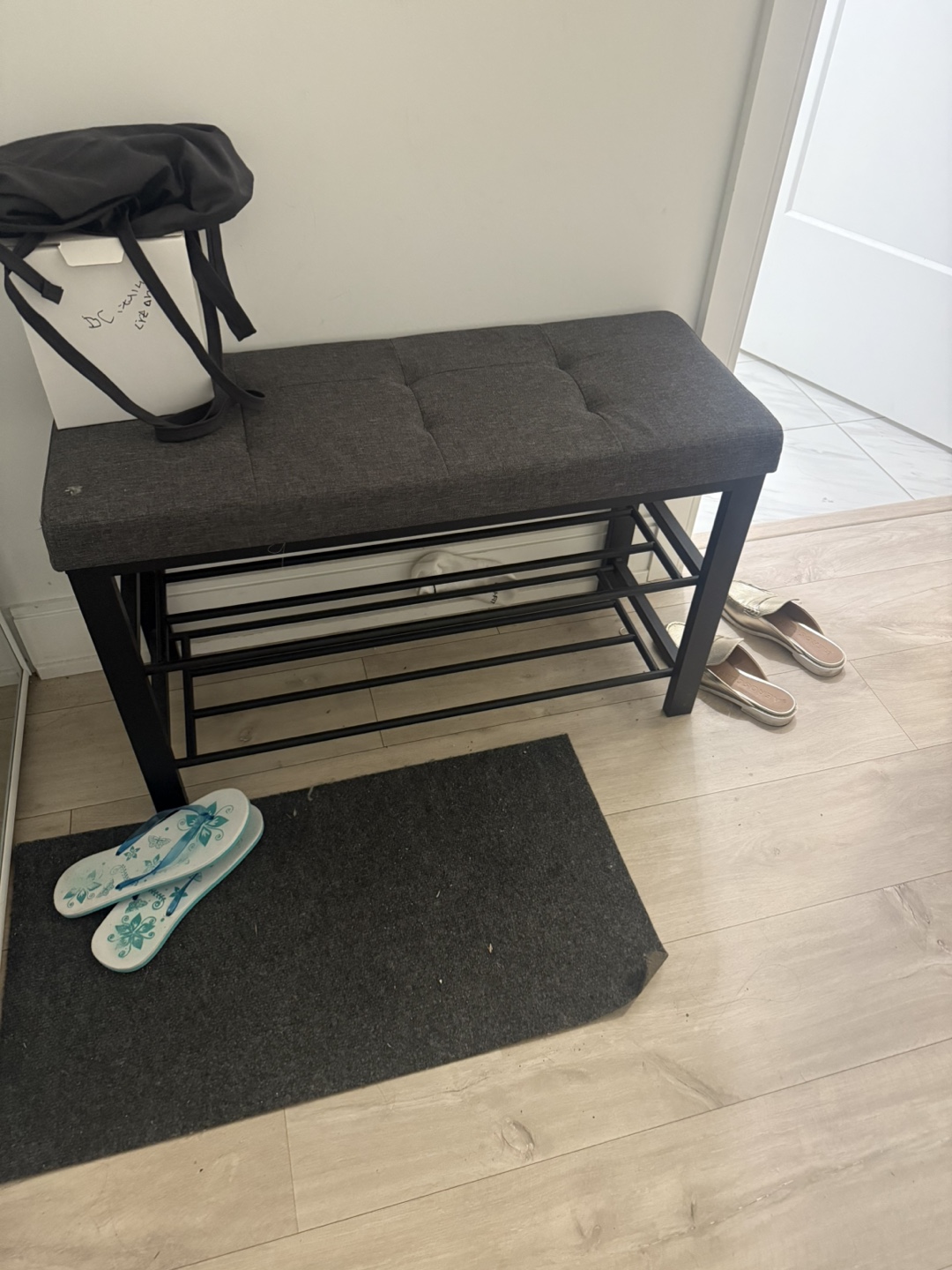 Grey Entryway Bench with Shoe Rack