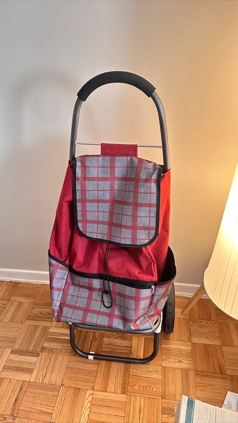 Red Plaid Folding Shopping Cart thumbnail
