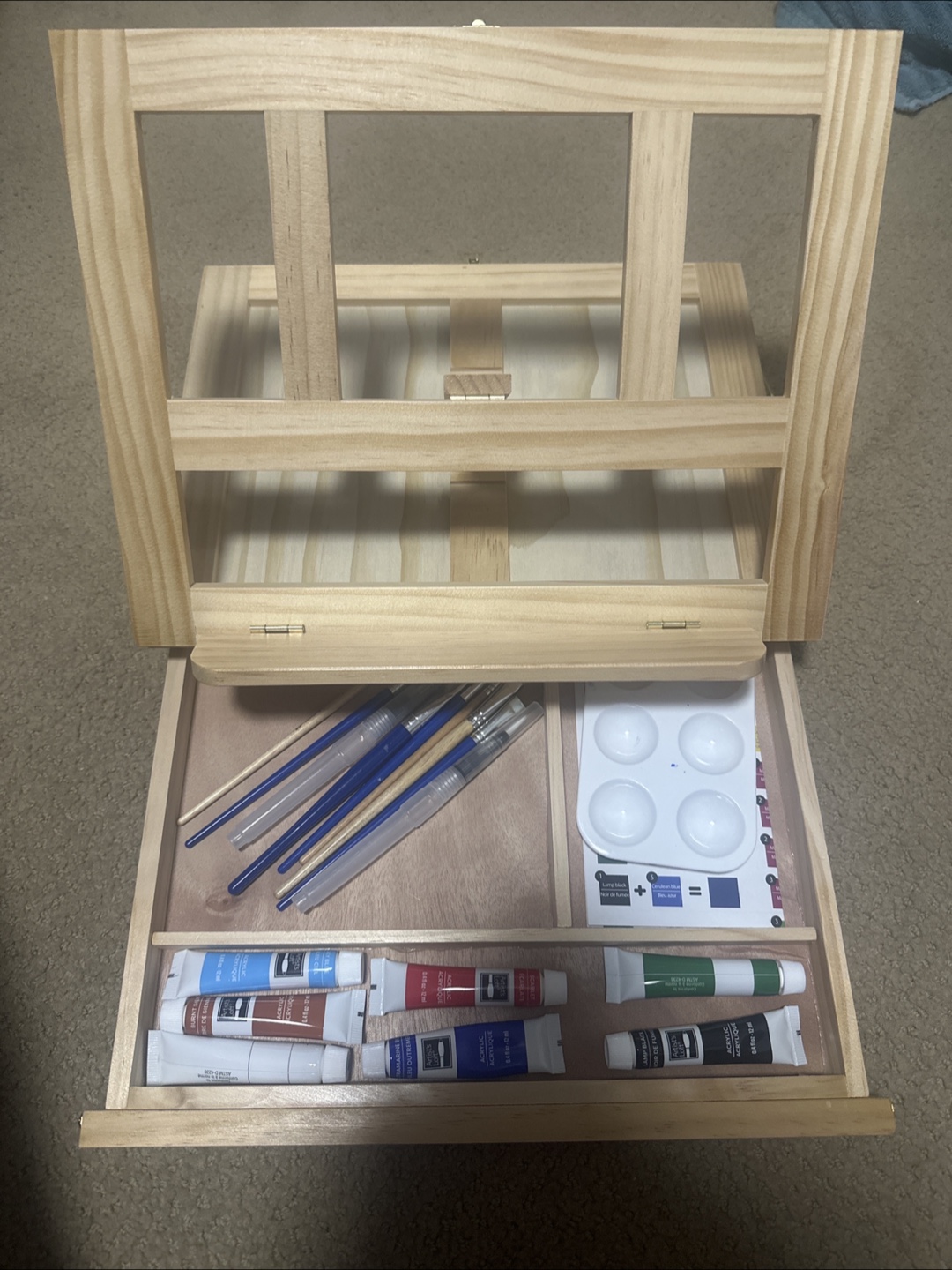 Wooden Art Easel with Paints and Brushes