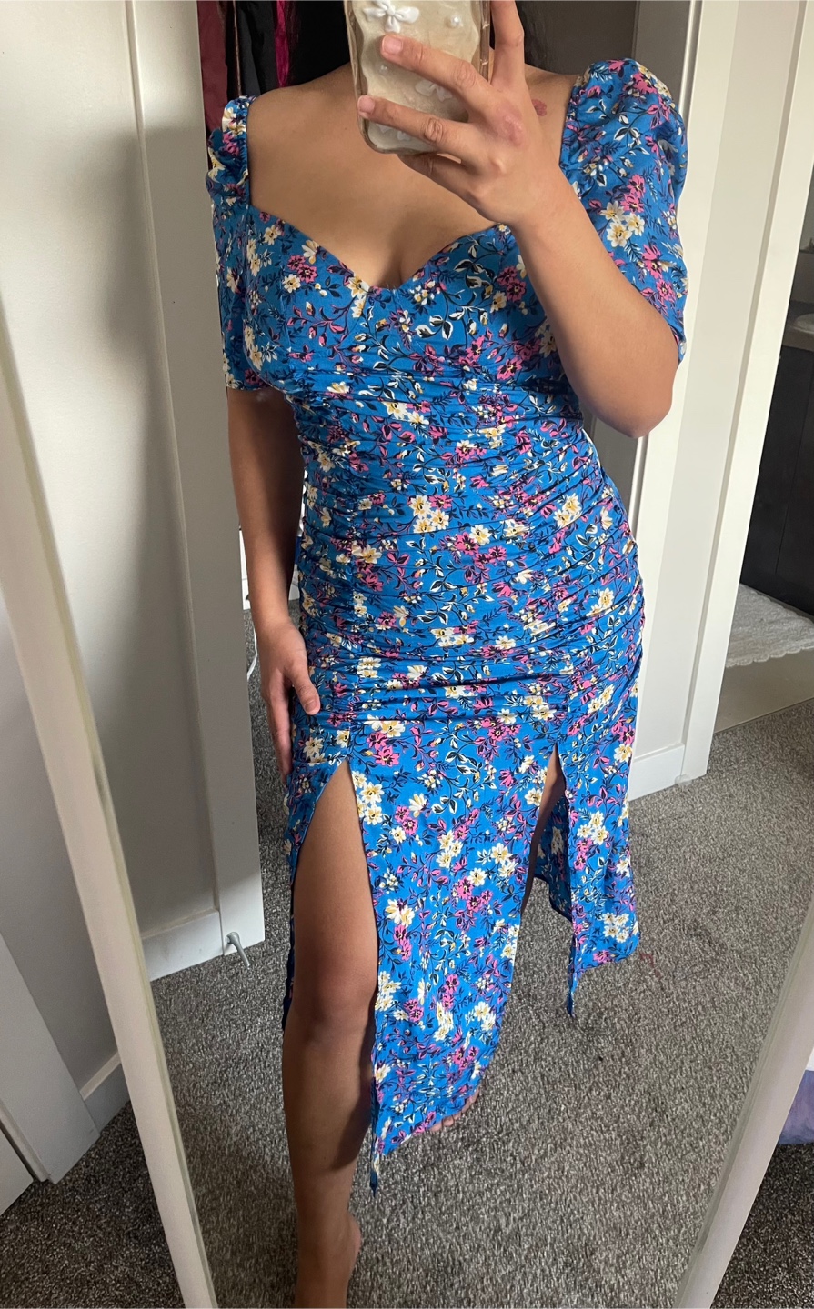 Blue Floral Maxi Dress with Double Front Slits