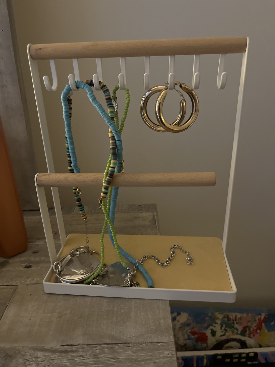 Jewelry Stand - White Metal & Wood