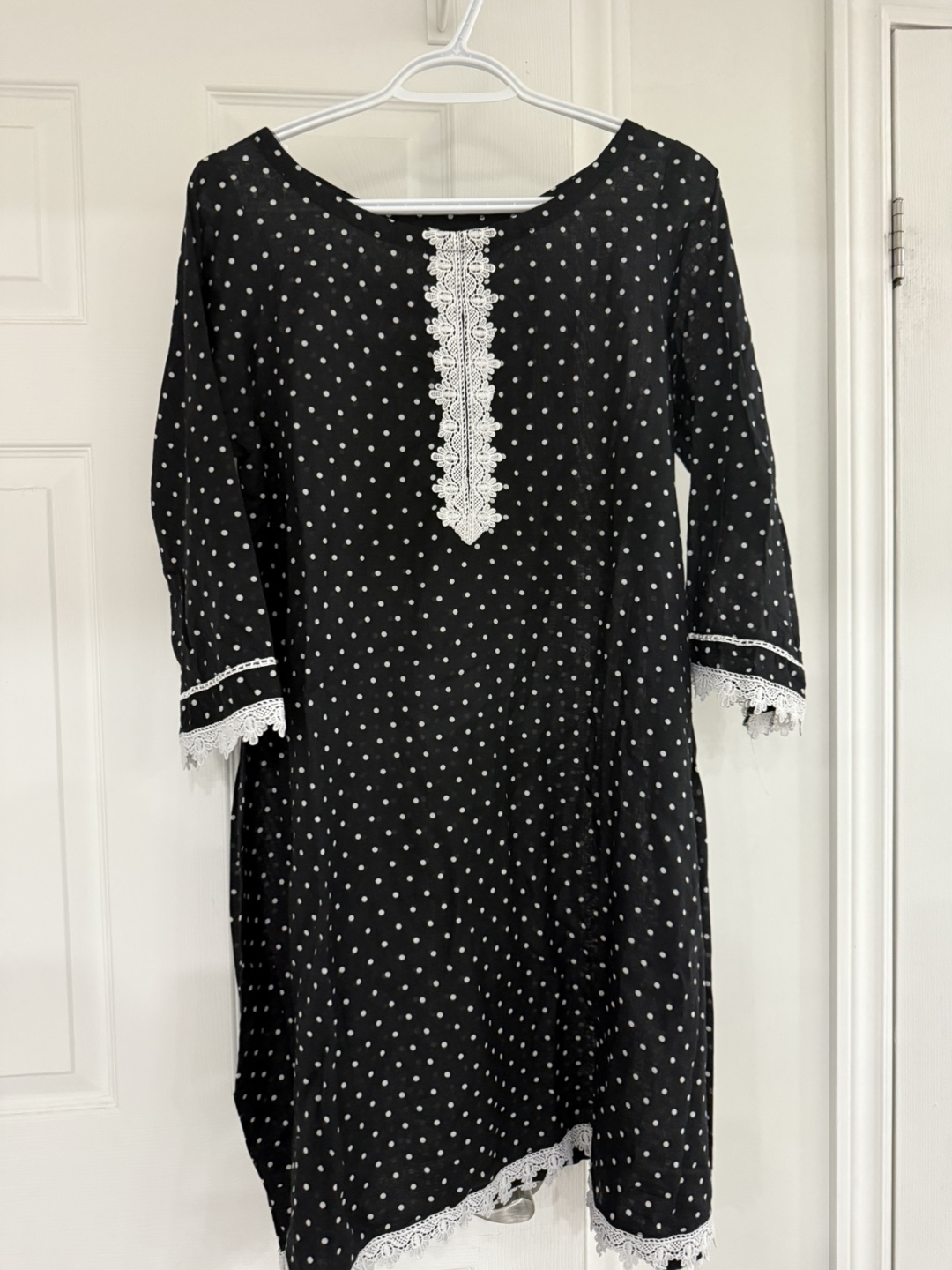 Black Polka Dot kurti with Lace Trim